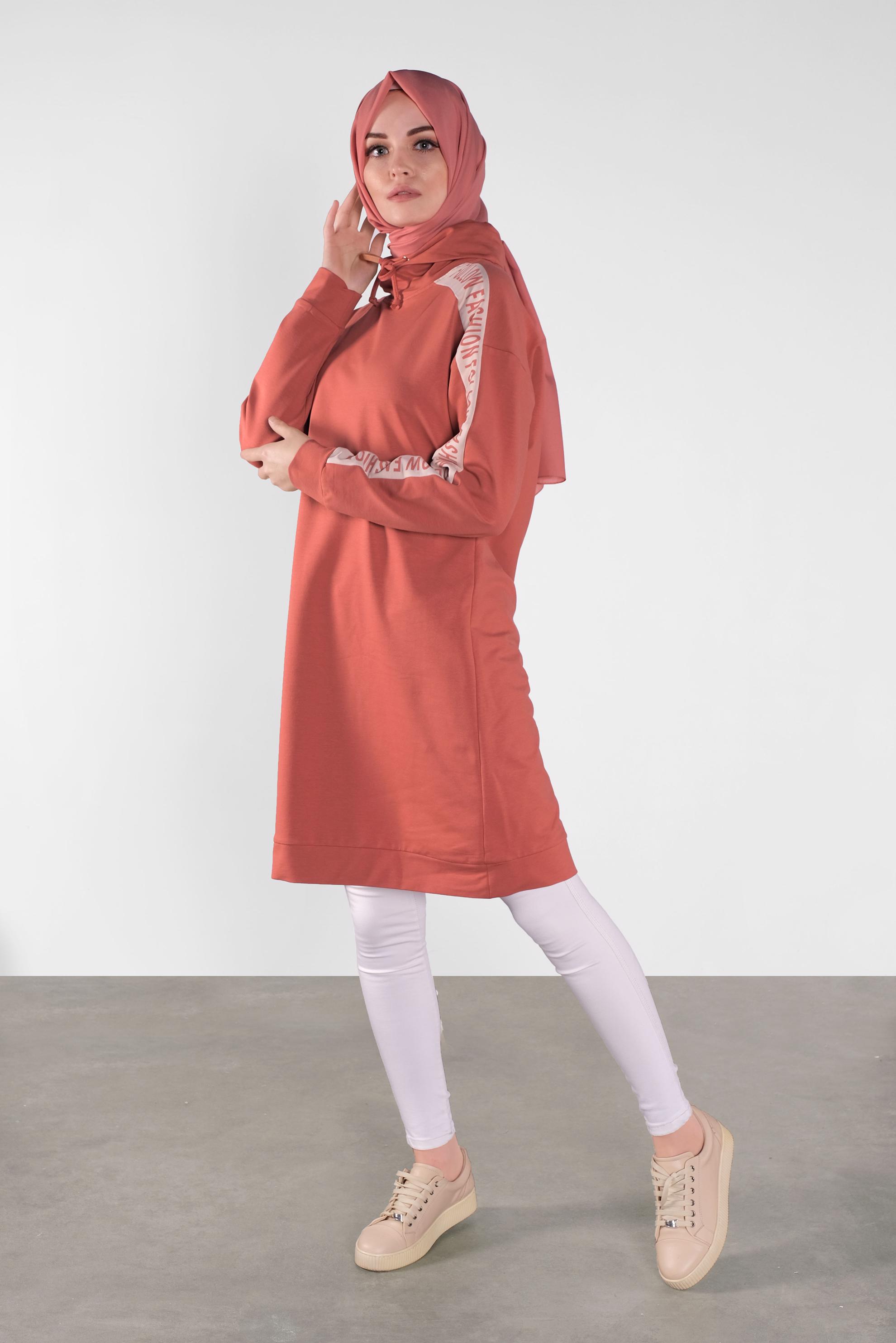 Tesettür giyim TURUNCU BOĞAZLI BAĞCIKLI EŞOFMAN TUNİK 41104 