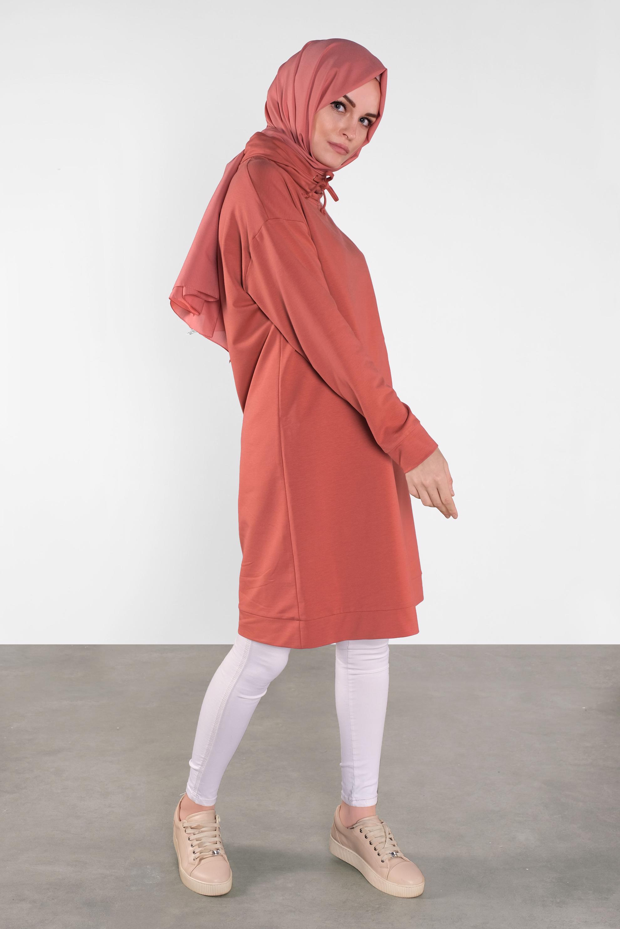 Tesettür giyim TURUNCU BOĞAZLI BAĞCIKLI EŞOFMAN TUNİK 41104 