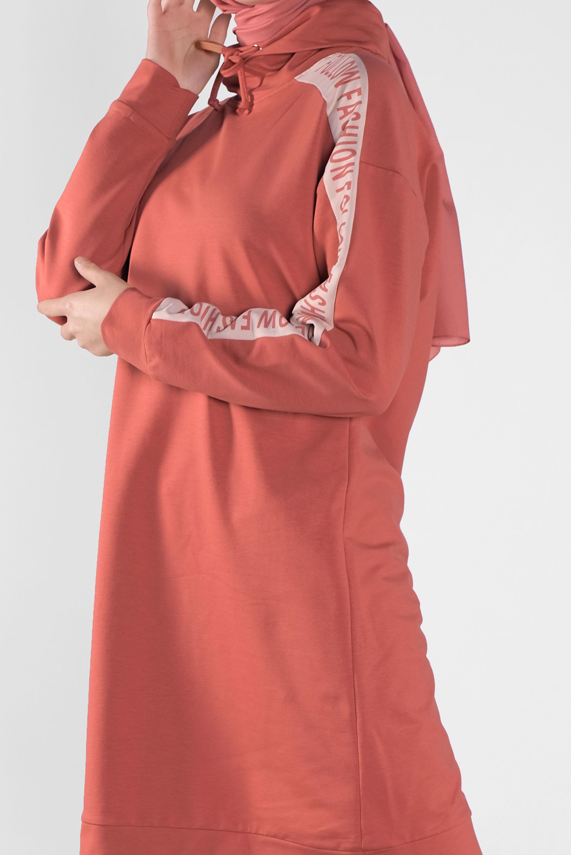 Tesettür giyim TURUNCU BOĞAZLI BAĞCIKLI EŞOFMAN TUNİK 41104 