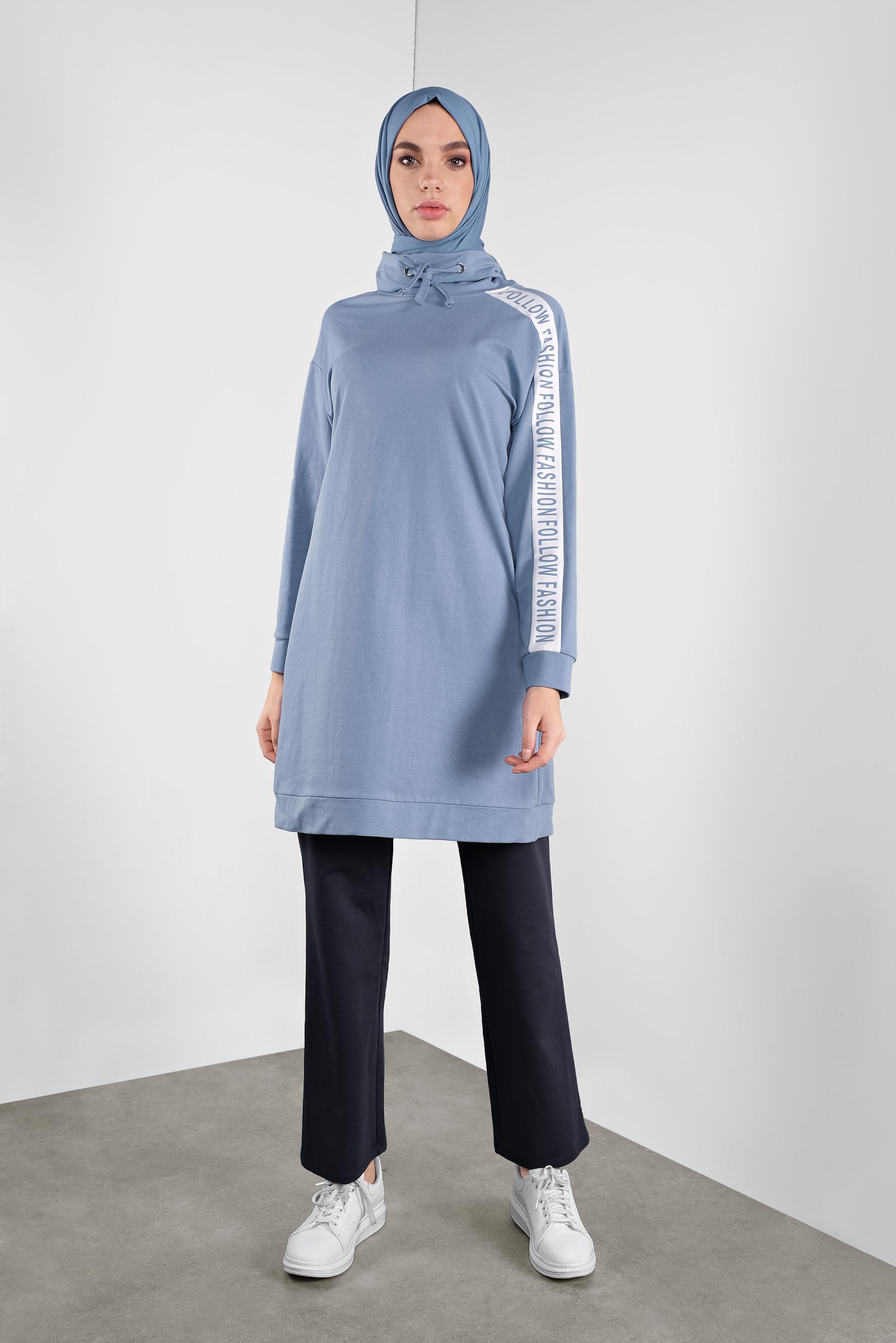 Tesettür giyim MAVİ BOĞAZLI BAĞCIKLI EŞOFMAN TUNİK 41104 