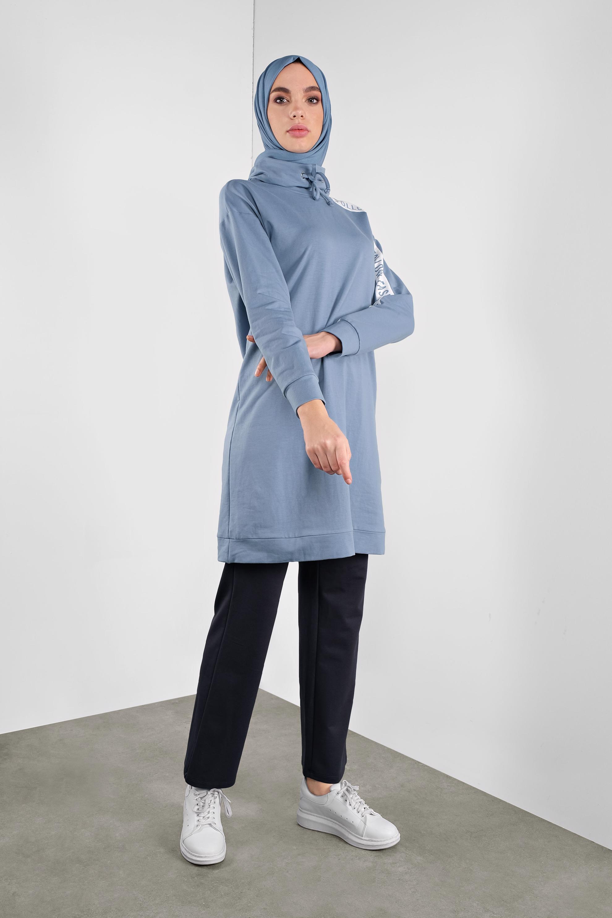 Tesettür giyim MAVİ BOĞAZLI BAĞCIKLI EŞOFMAN TUNİK 41104 