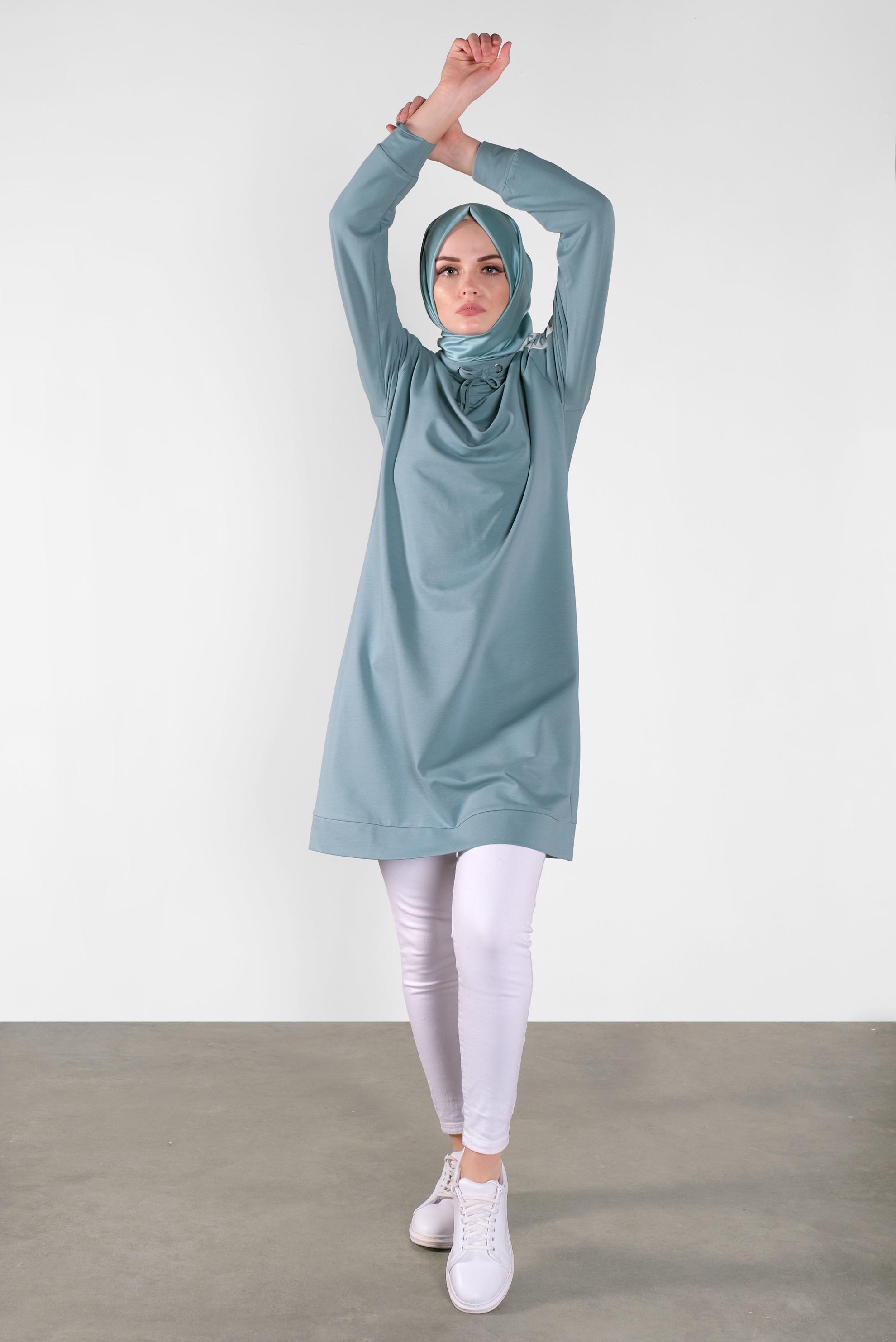 Tesettür giyim YEŞİL BOĞAZLI BAĞCIKLI EŞOFMAN TUNİK 41104 