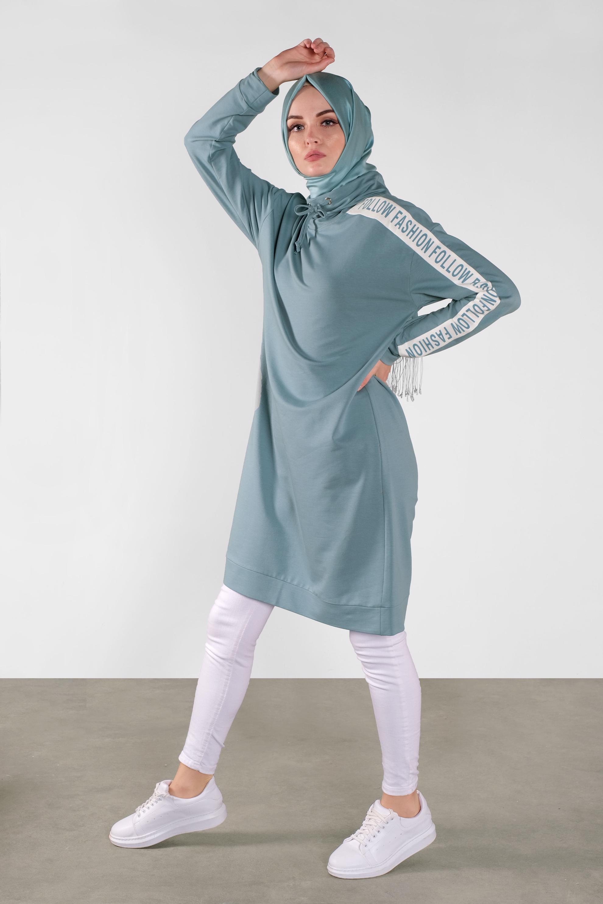 Tesettür giyim YEŞİL BOĞAZLI BAĞCIKLI EŞOFMAN TUNİK 41104 