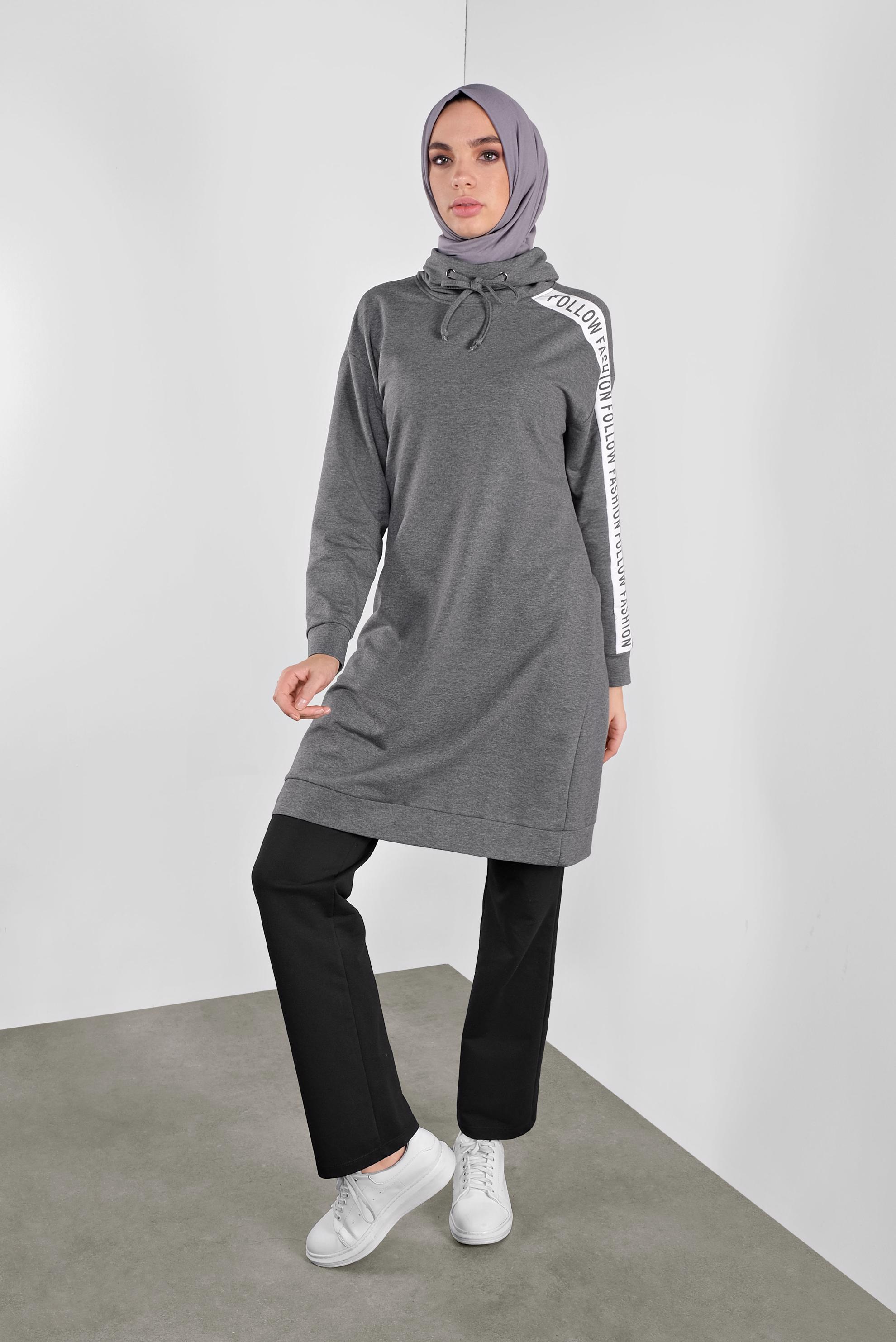 Tesettür giyim GRİ BOĞAZLI BAĞCIKLI EŞOFMAN TUNİK 41104 