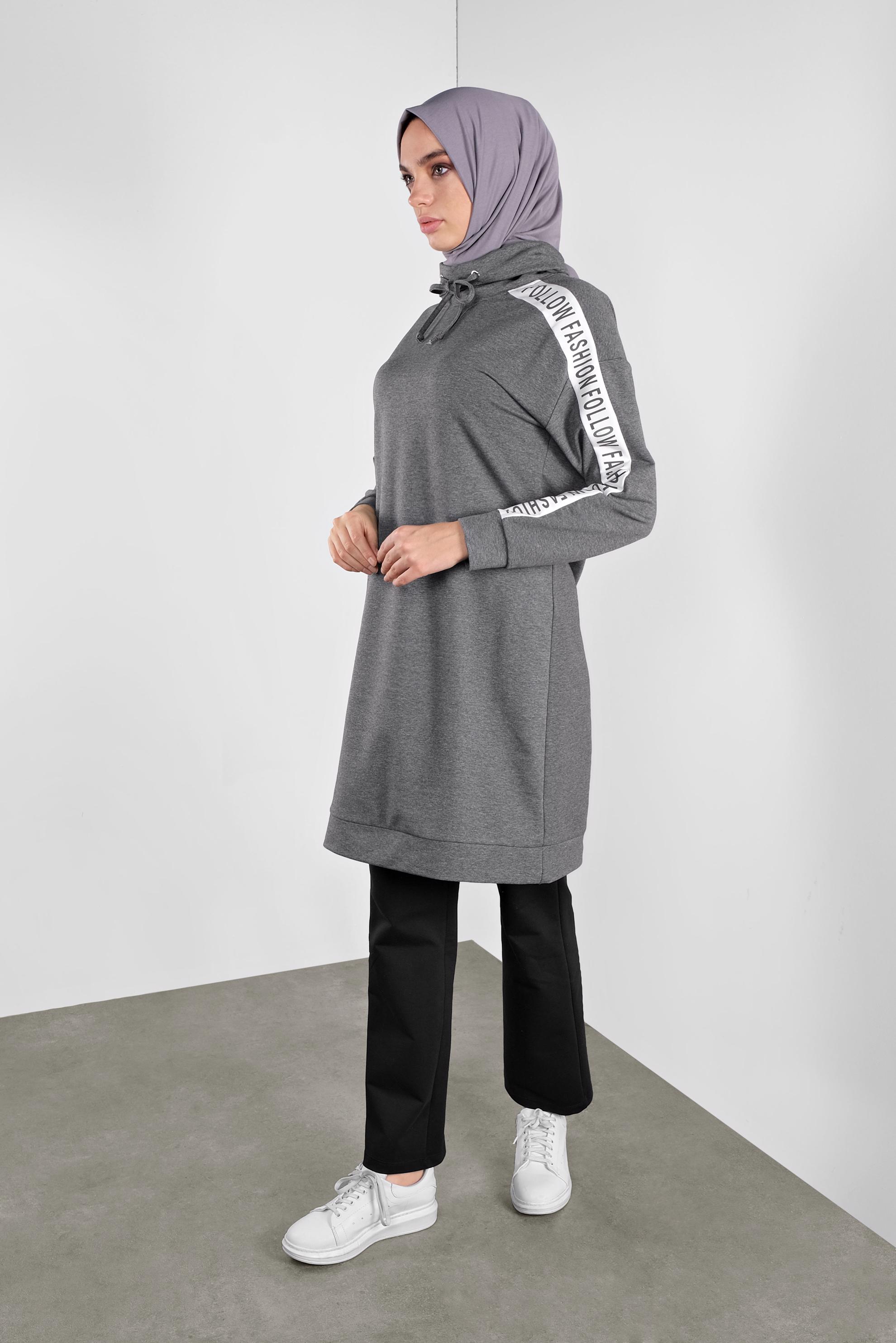 Tesettür giyim GRİ BOĞAZLI BAĞCIKLI EŞOFMAN TUNİK 41104 