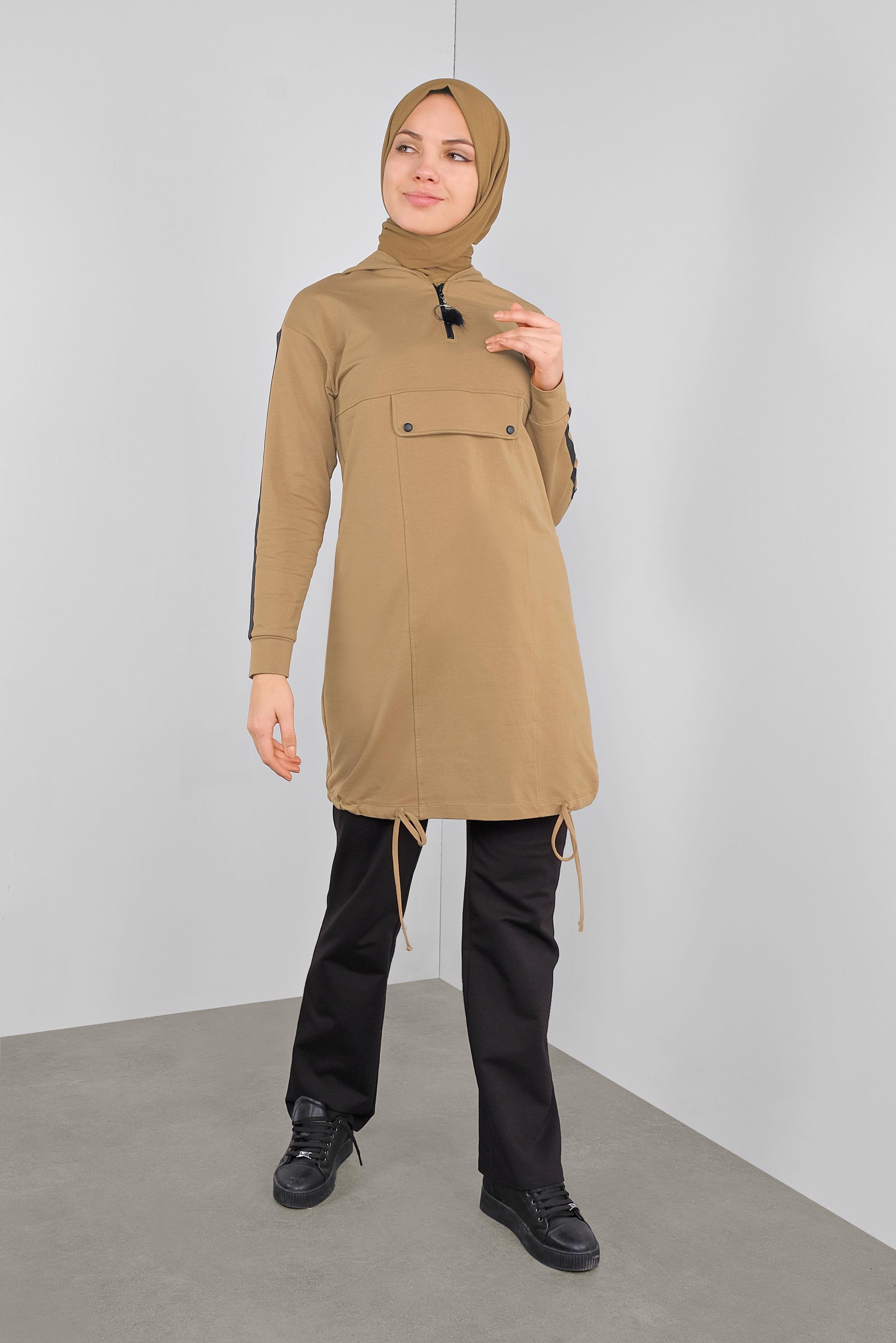 Tesettür giyim KAHVE CEPLİ KOLLARI ŞERİTLİ  EŞOFMAN TUNİK  41105 
