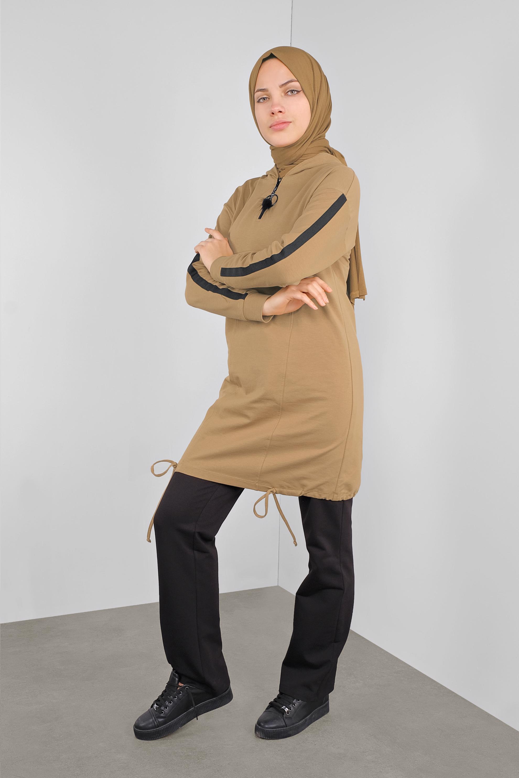 Tesettür giyim KAHVE CEPLİ KOLLARI ŞERİTLİ  EŞOFMAN TUNİK  41105 