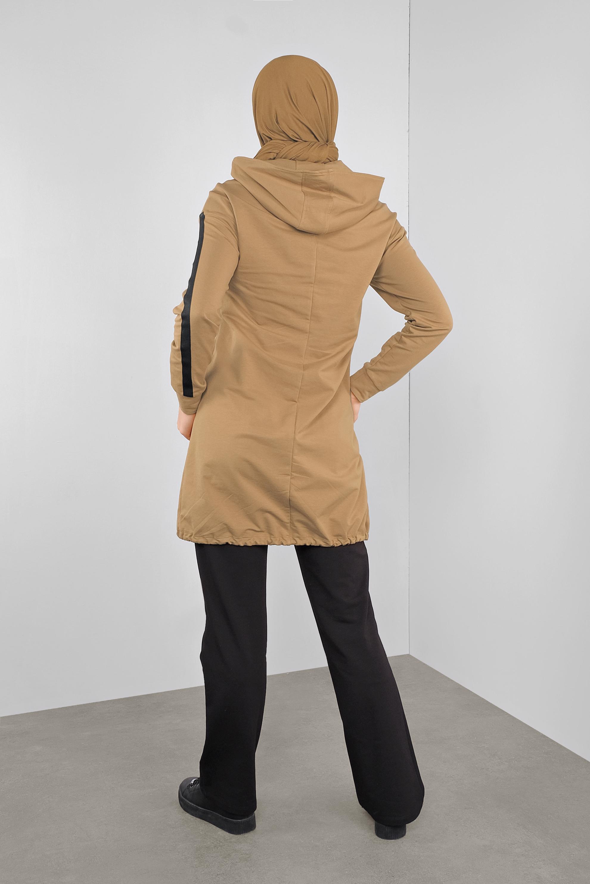 Tesettür giyim KAHVE CEPLİ KOLLARI ŞERİTLİ  EŞOFMAN TUNİK  41105 