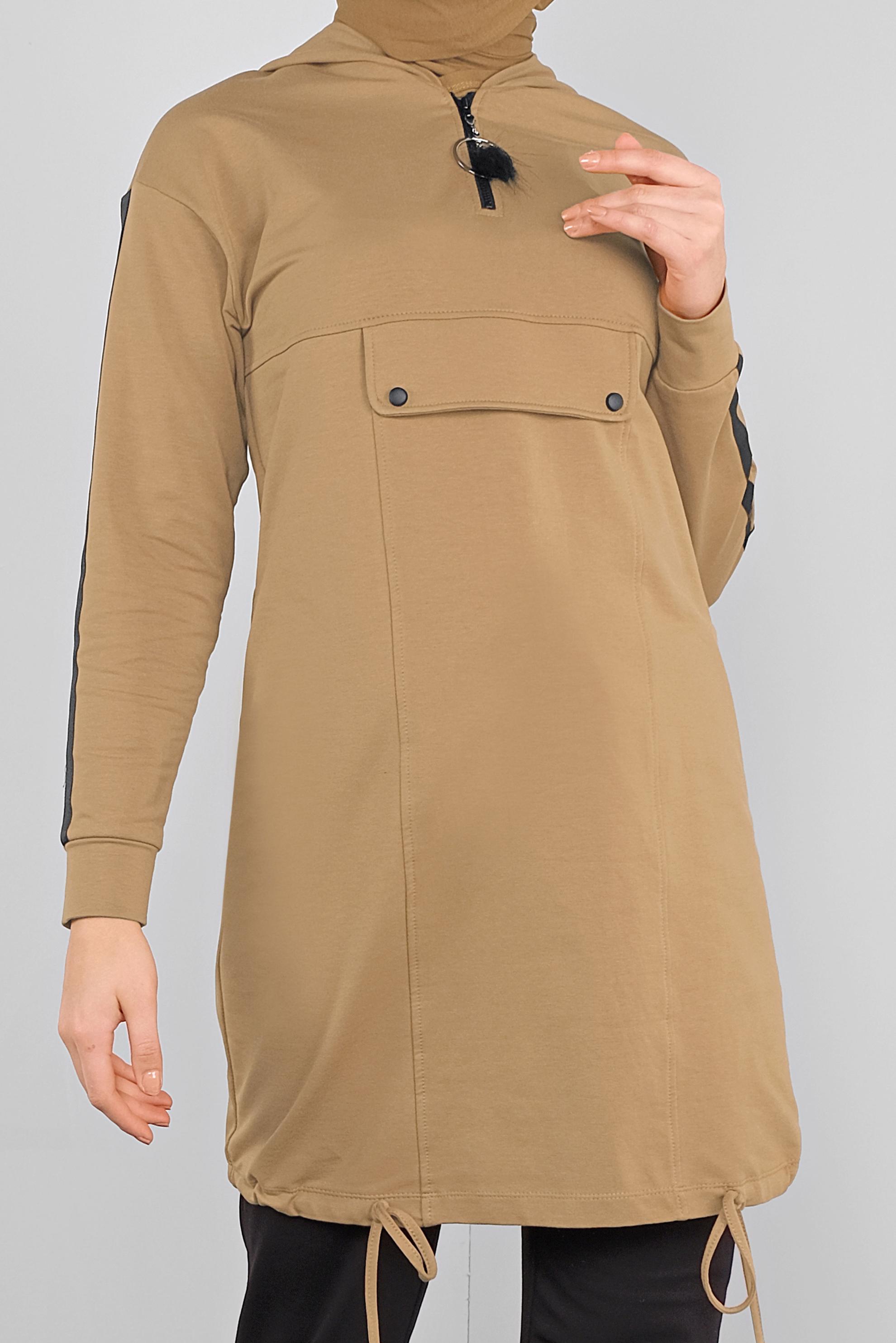 Tesettür giyim KAHVE CEPLİ KOLLARI ŞERİTLİ  EŞOFMAN TUNİK  41105 