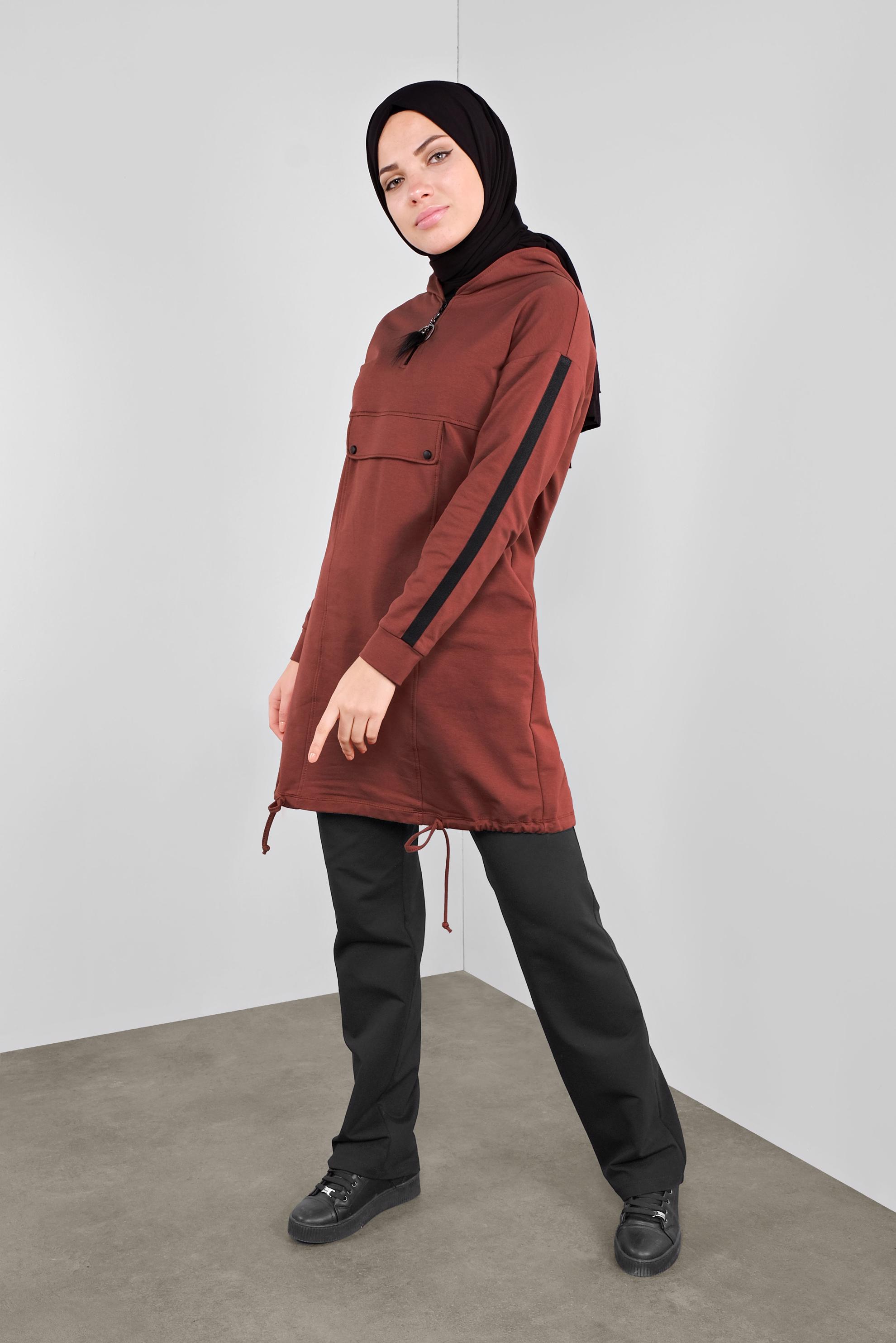 Tesettür giyim TURUNCU CEPLİ KOLLARI ŞERİTLİ  EŞOFMAN TUNİK  41105 