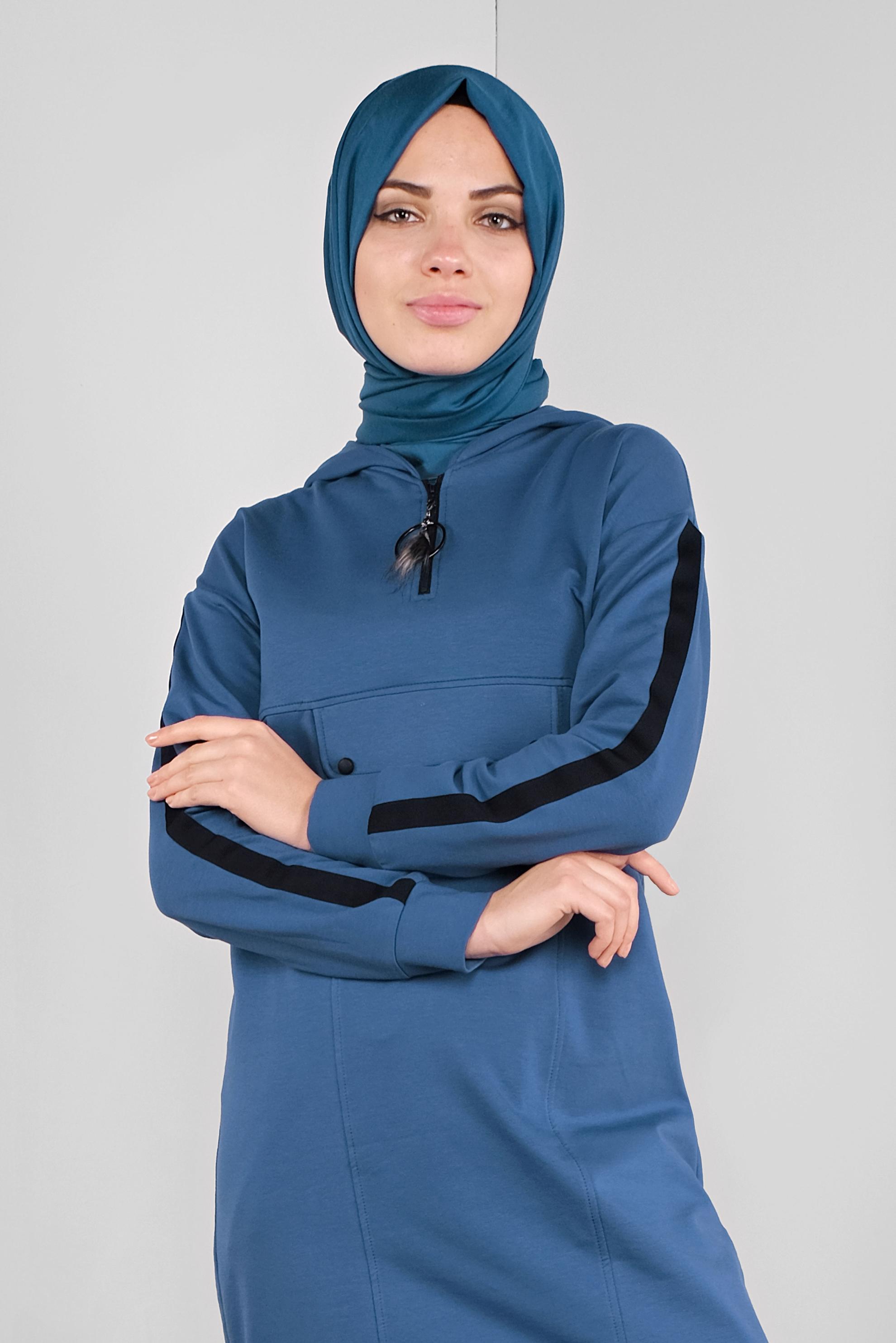 Tesettür giyim LACİVERT CEPLİ KOLLARI ŞERİTLİ  EŞOFMAN TUNİK  41105 