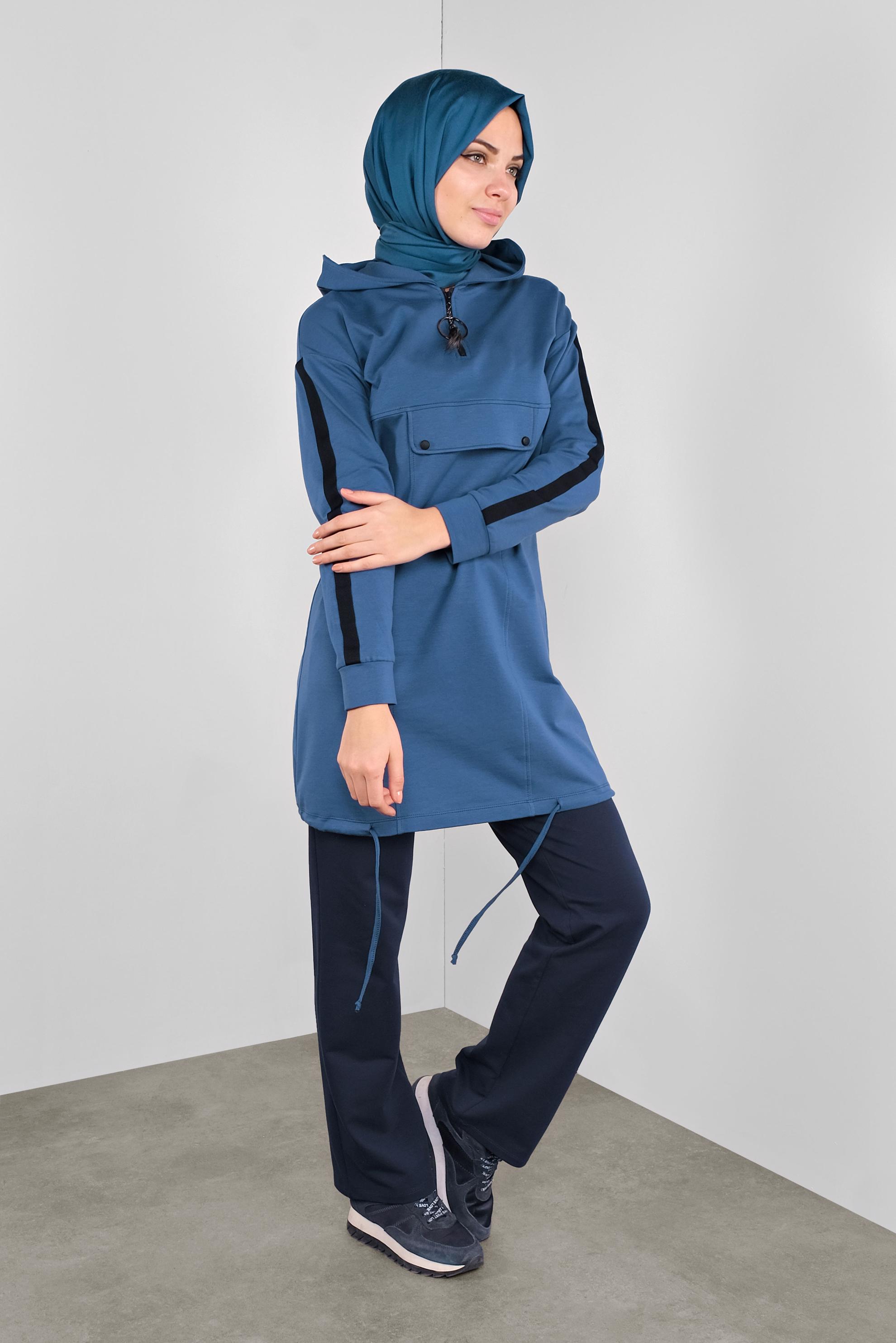 Tesettür giyim LACİVERT CEPLİ KOLLARI ŞERİTLİ  EŞOFMAN TUNİK  41105 