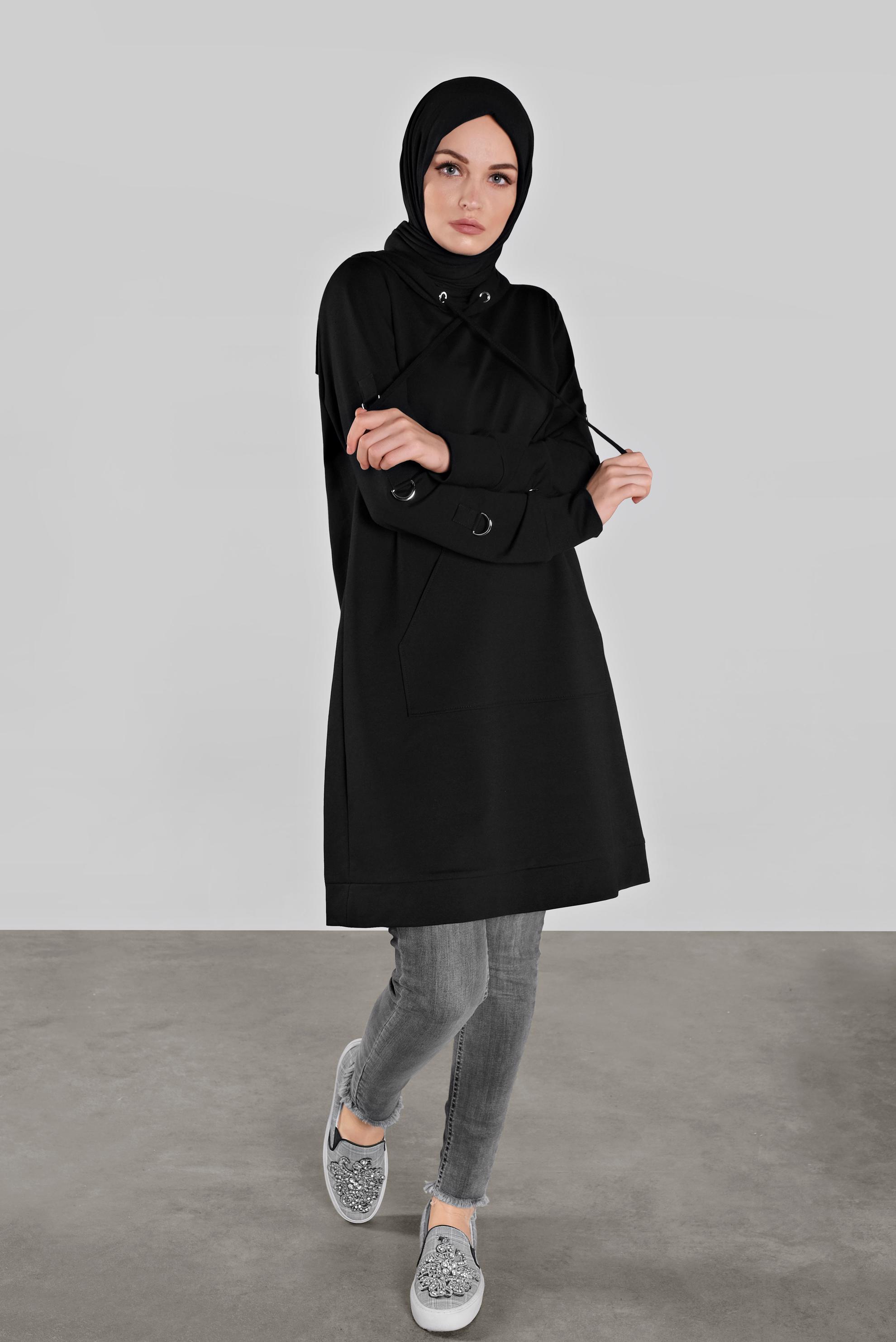 Tesettür giyim SİYAH PAMUKLU KANCALI EŞOFMAN TUNİK  41108 