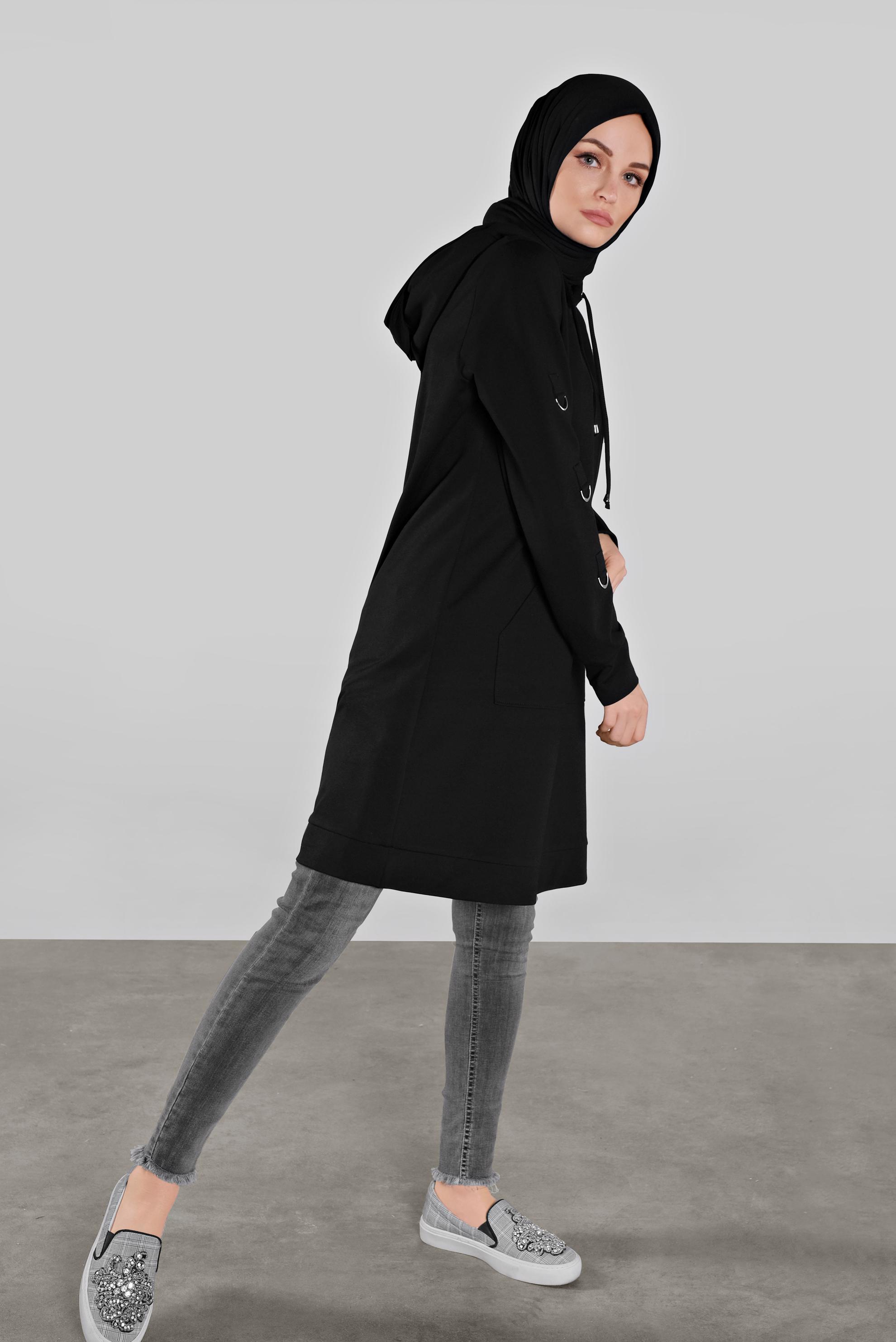 Tesettür giyim SİYAH PAMUKLU KANCALI EŞOFMAN TUNİK  41108 