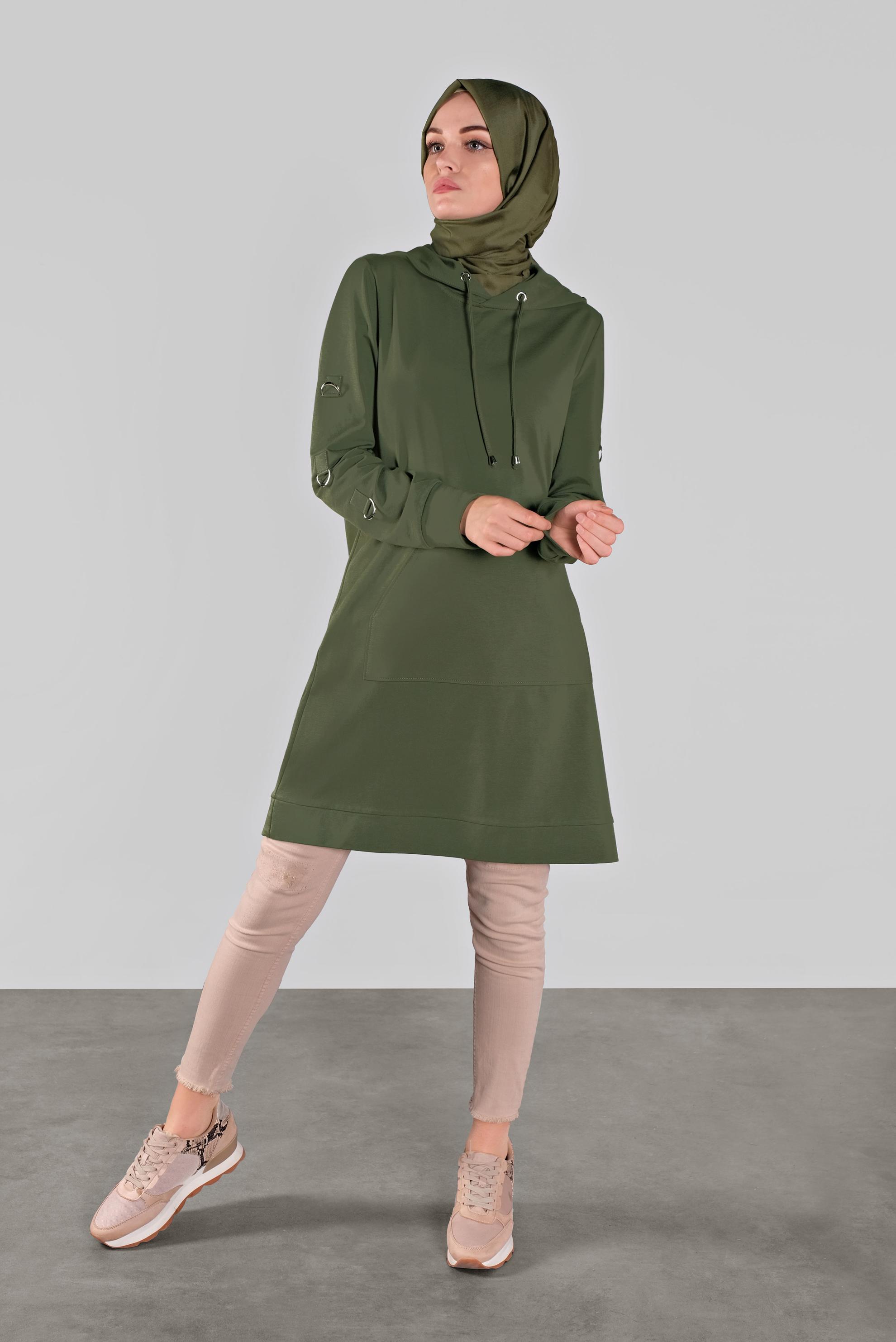 Tesettür giyim HAKİ PAMUKLU KANCALI EŞOFMAN TUNİK  41108 