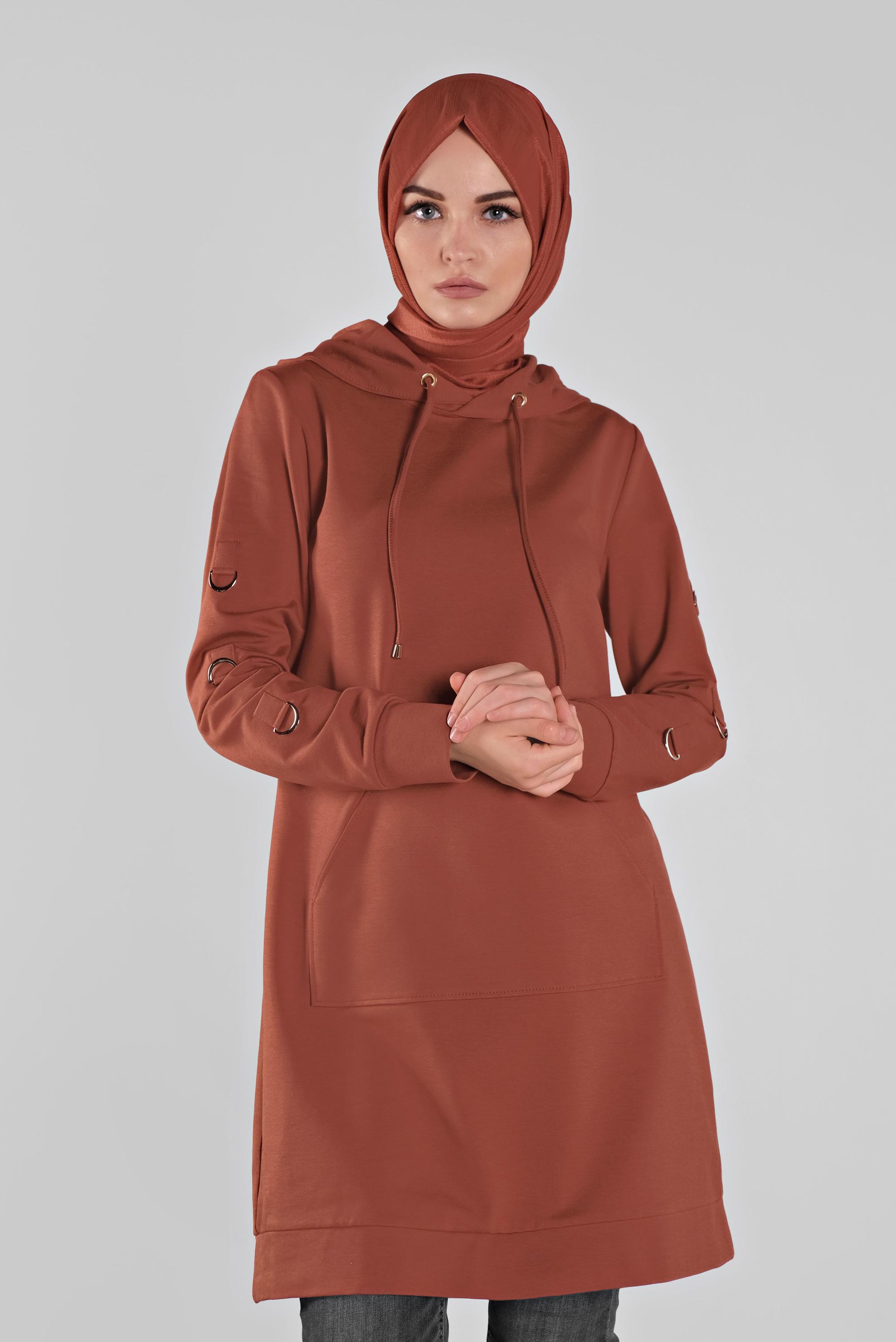 Tesettür giyim TURUNCU PAMUKLU KANCALI EŞOFMAN TUNİK  41108 