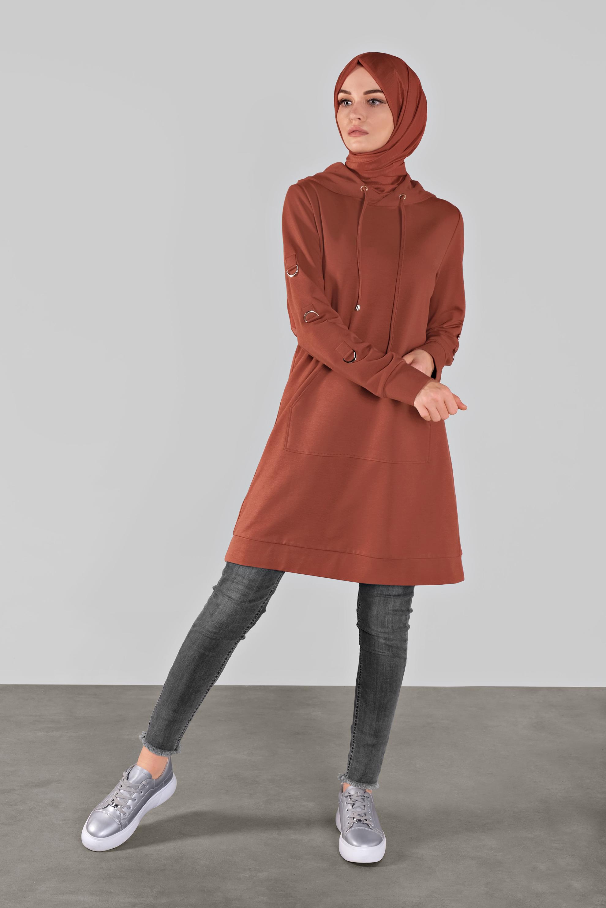 Tesettür giyim TURUNCU PAMUKLU KANCALI EŞOFMAN TUNİK  41108 