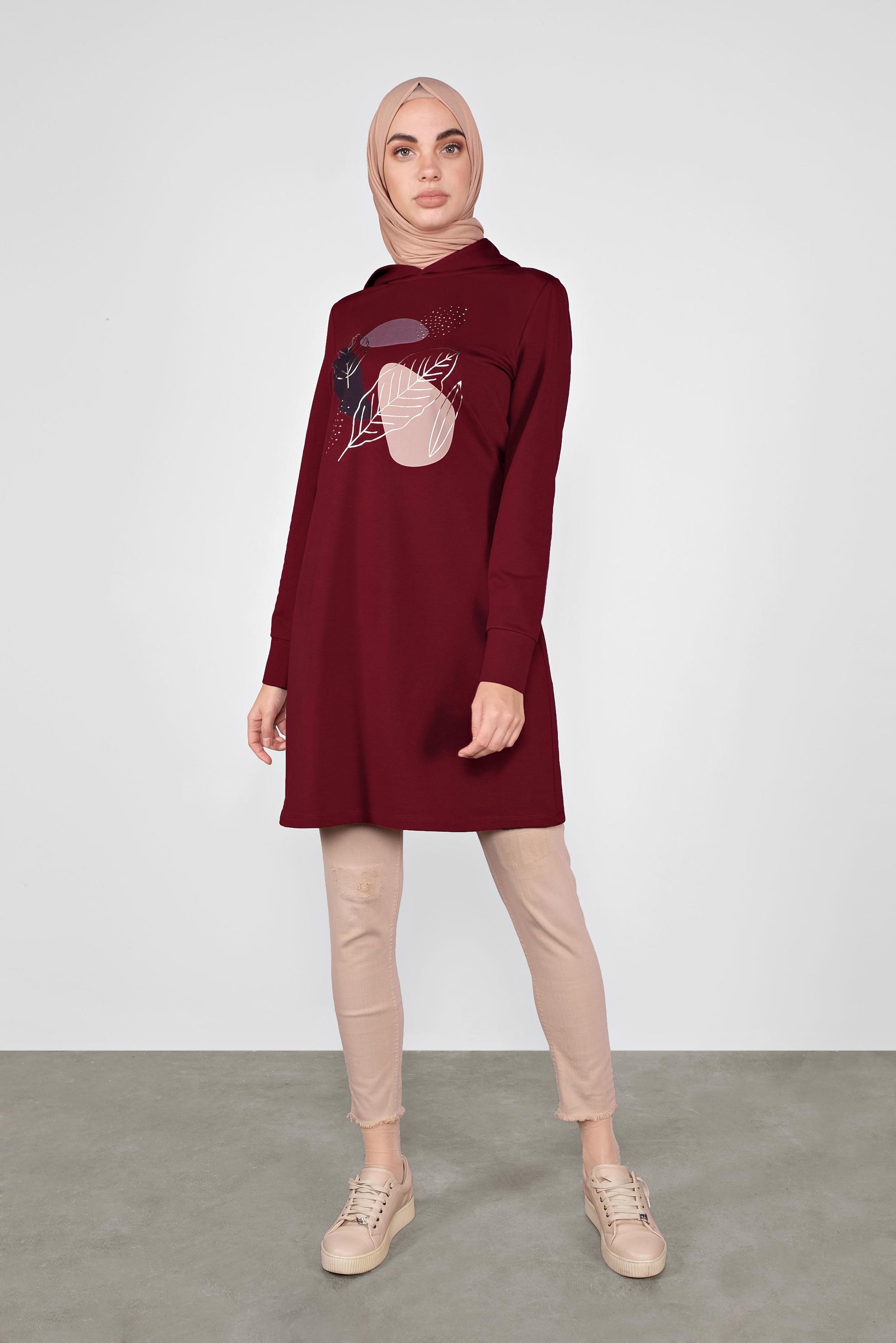 Tesettür giyim BORDO YALDIZ BASKILI EŞOFMAN TUNİK 41109