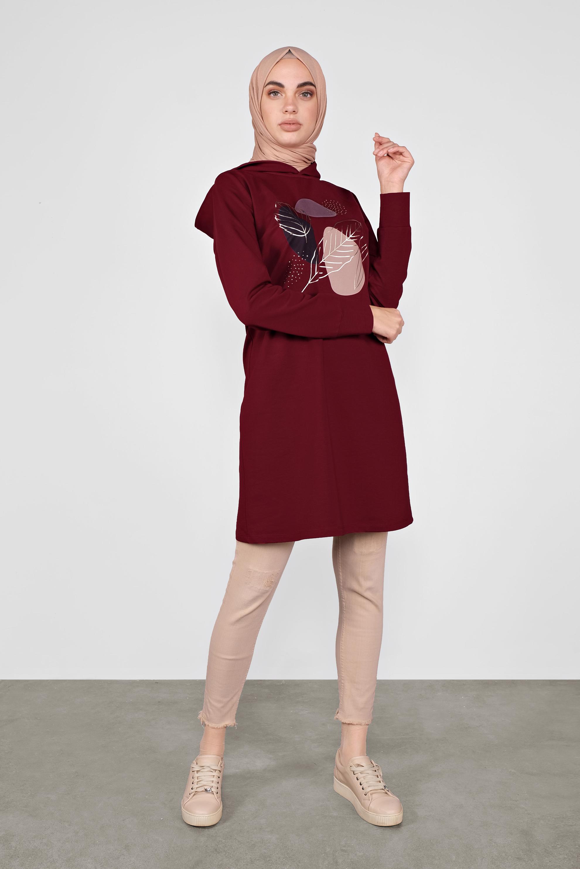 Tesettür giyim BORDO YALDIZ BASKILI EŞOFMAN TUNİK 41109