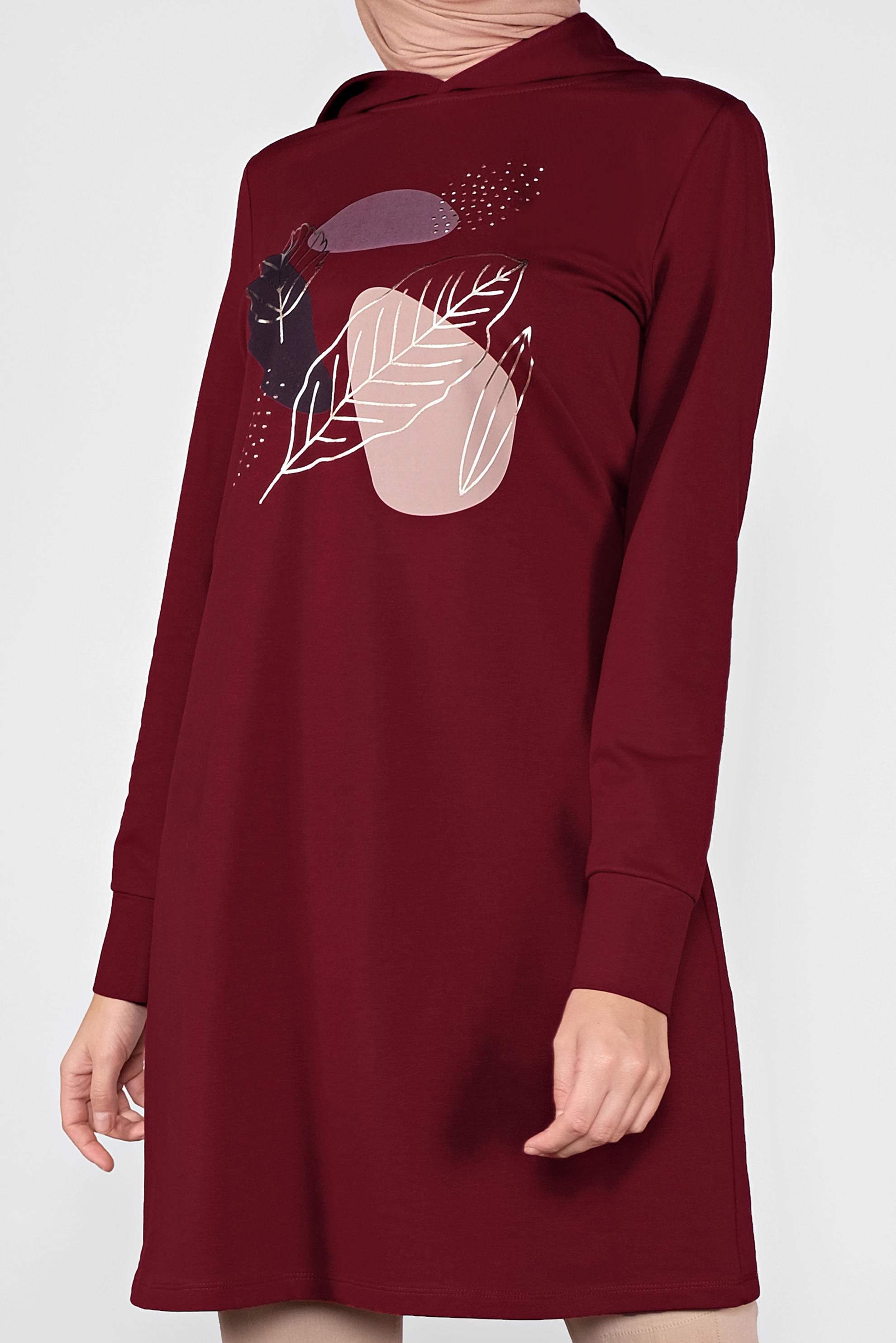 Tesettür giyim BORDO YALDIZ BASKILI EŞOFMAN TUNİK 41109