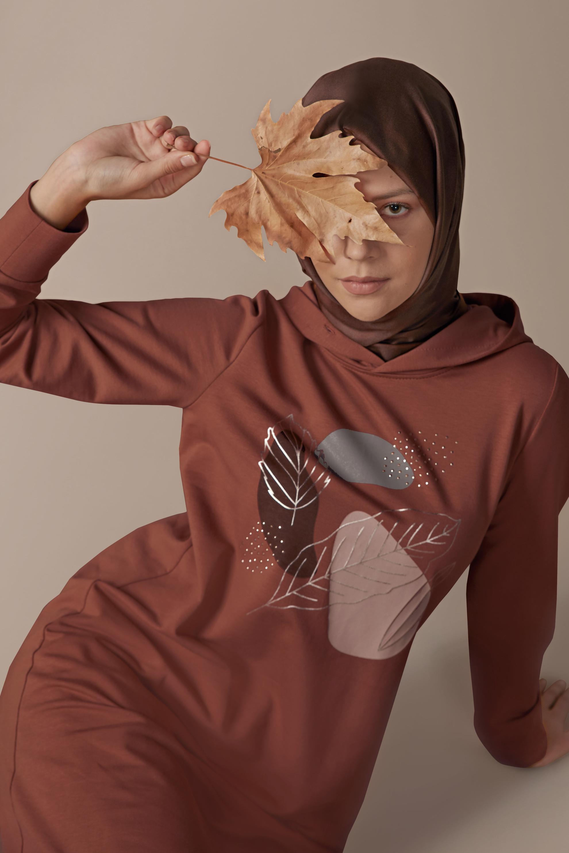 Tesettür giyim TURUNCU YALDIZ BASKILI EŞOFMAN TUNİK 41109