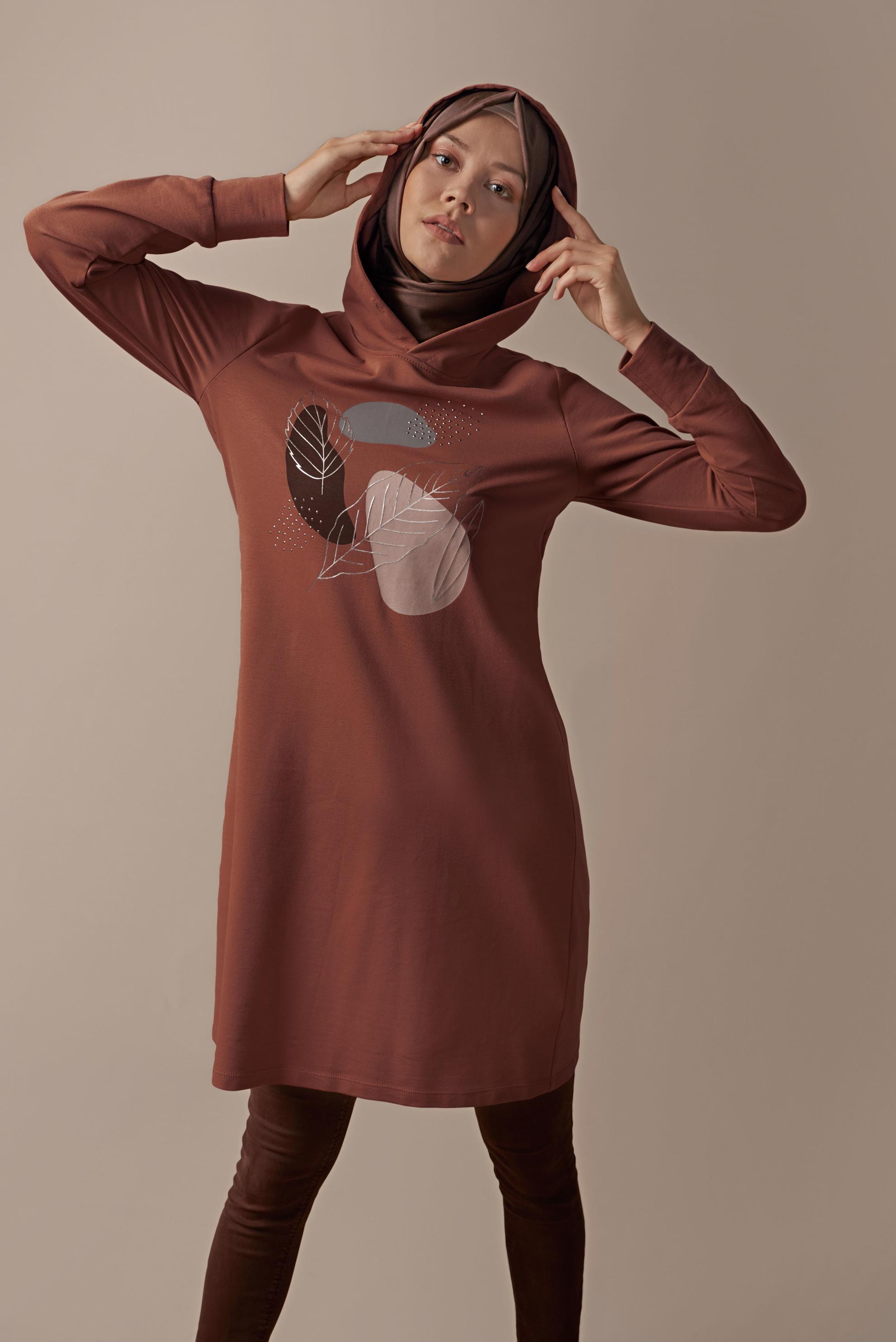 Tesettür giyim TURUNCU YALDIZ BASKILI EŞOFMAN TUNİK 41109