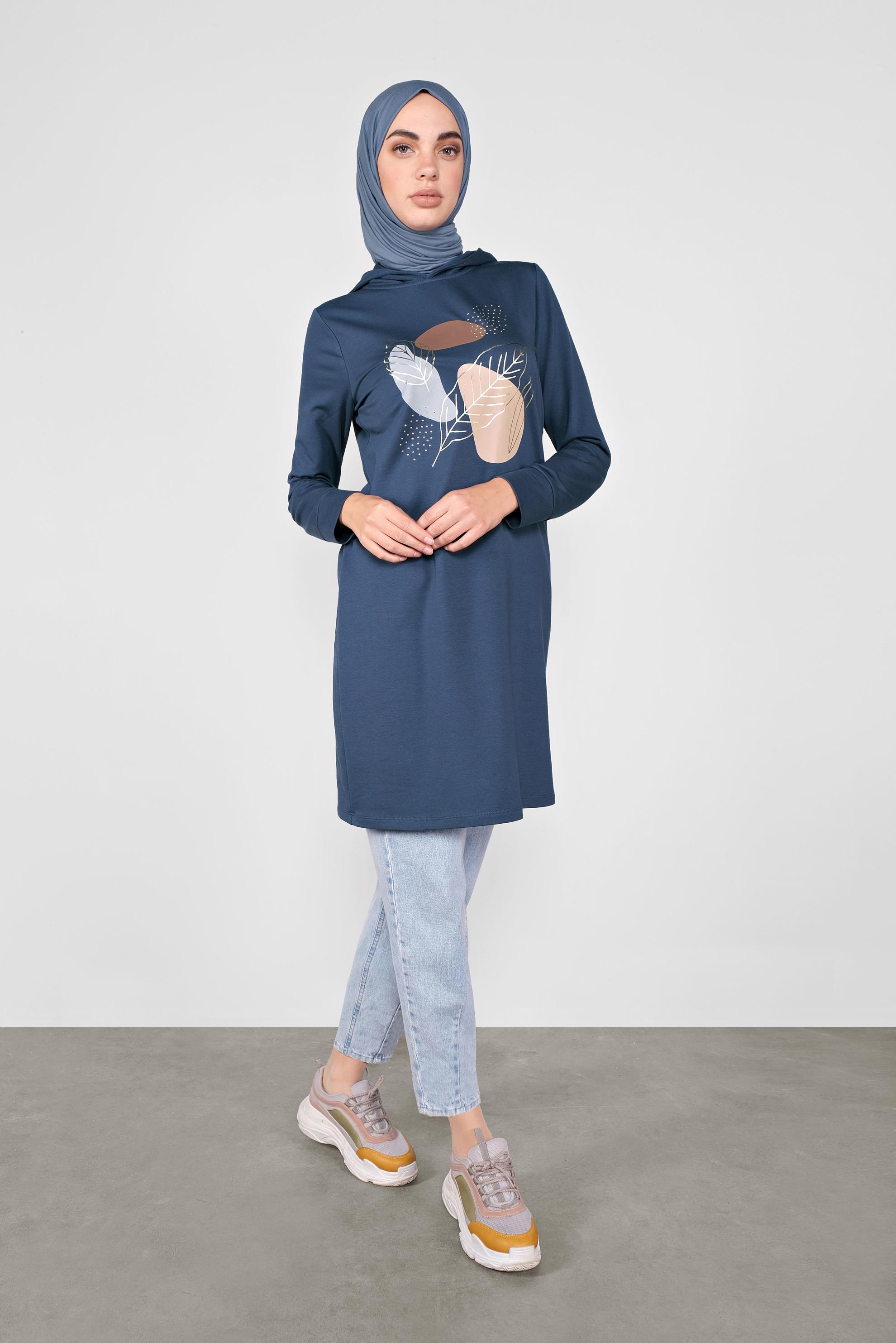 Tesettür giyim LACİVERT YALDIZ BASKILI EŞOFMAN TUNİK 41109