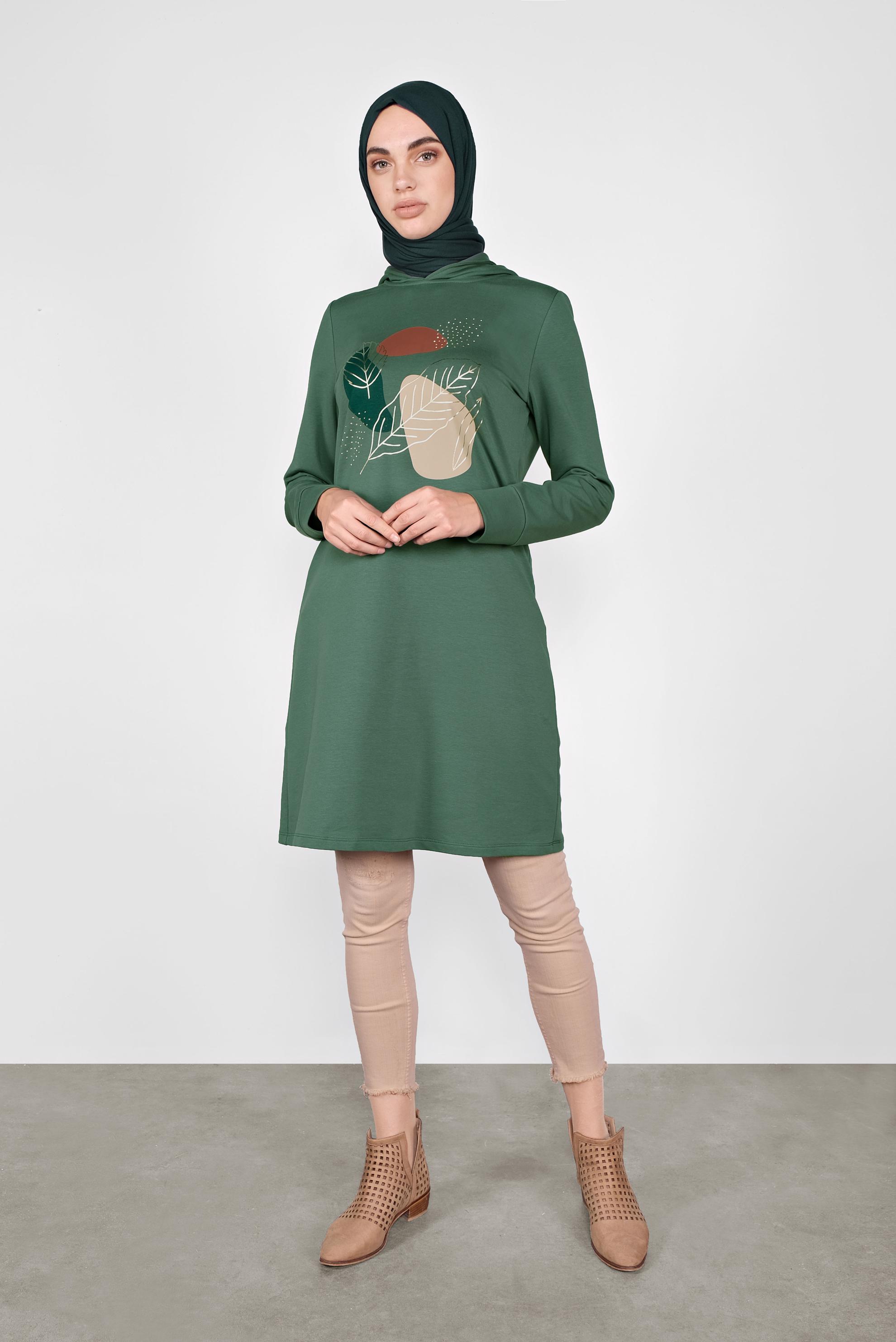 Tesettür giyim YEŞİL YALDIZ BASKILI EŞOFMAN TUNİK 41109