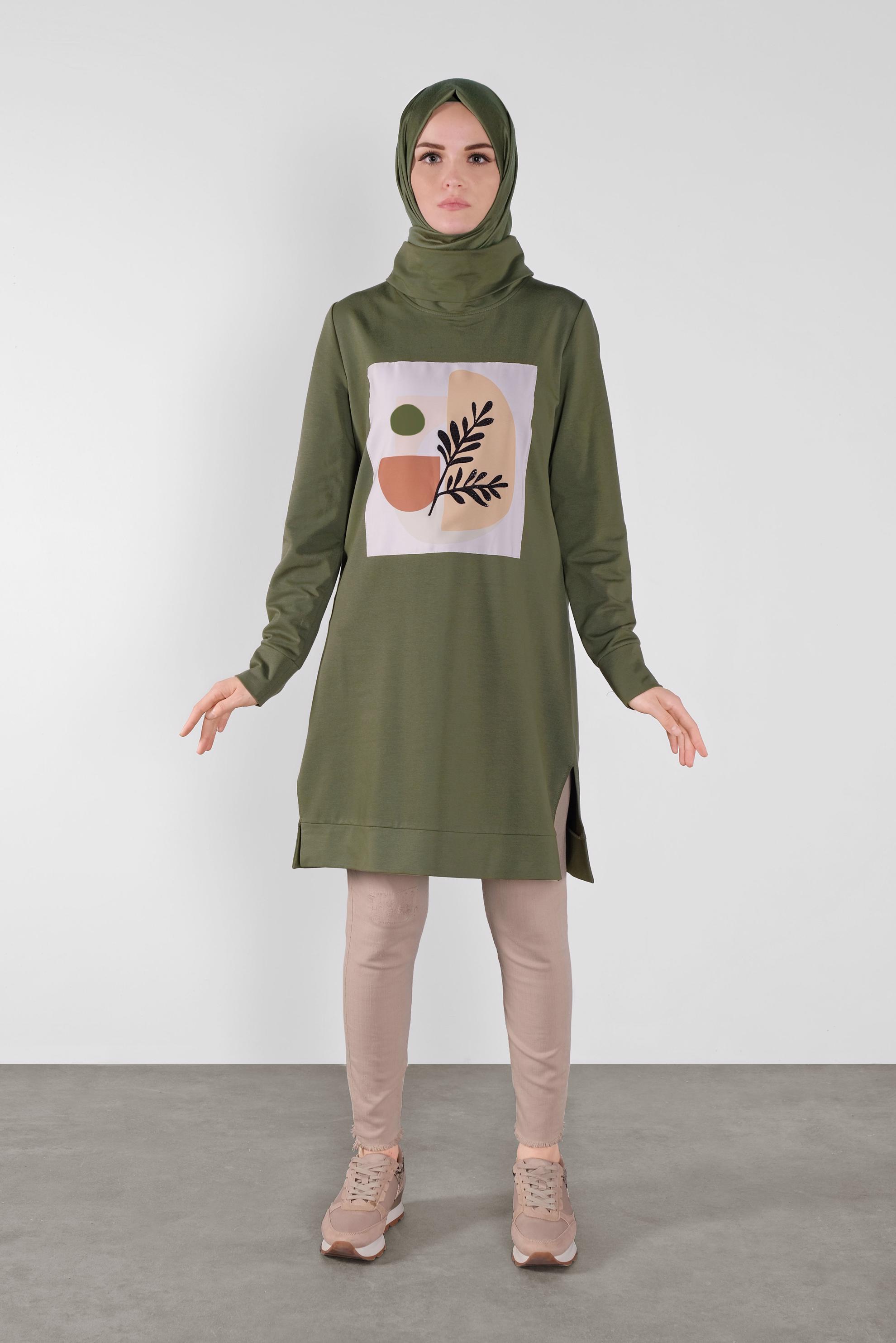 Tesettür giyim HAKİ BASKILI EŞOFMAN TUNİK 41110