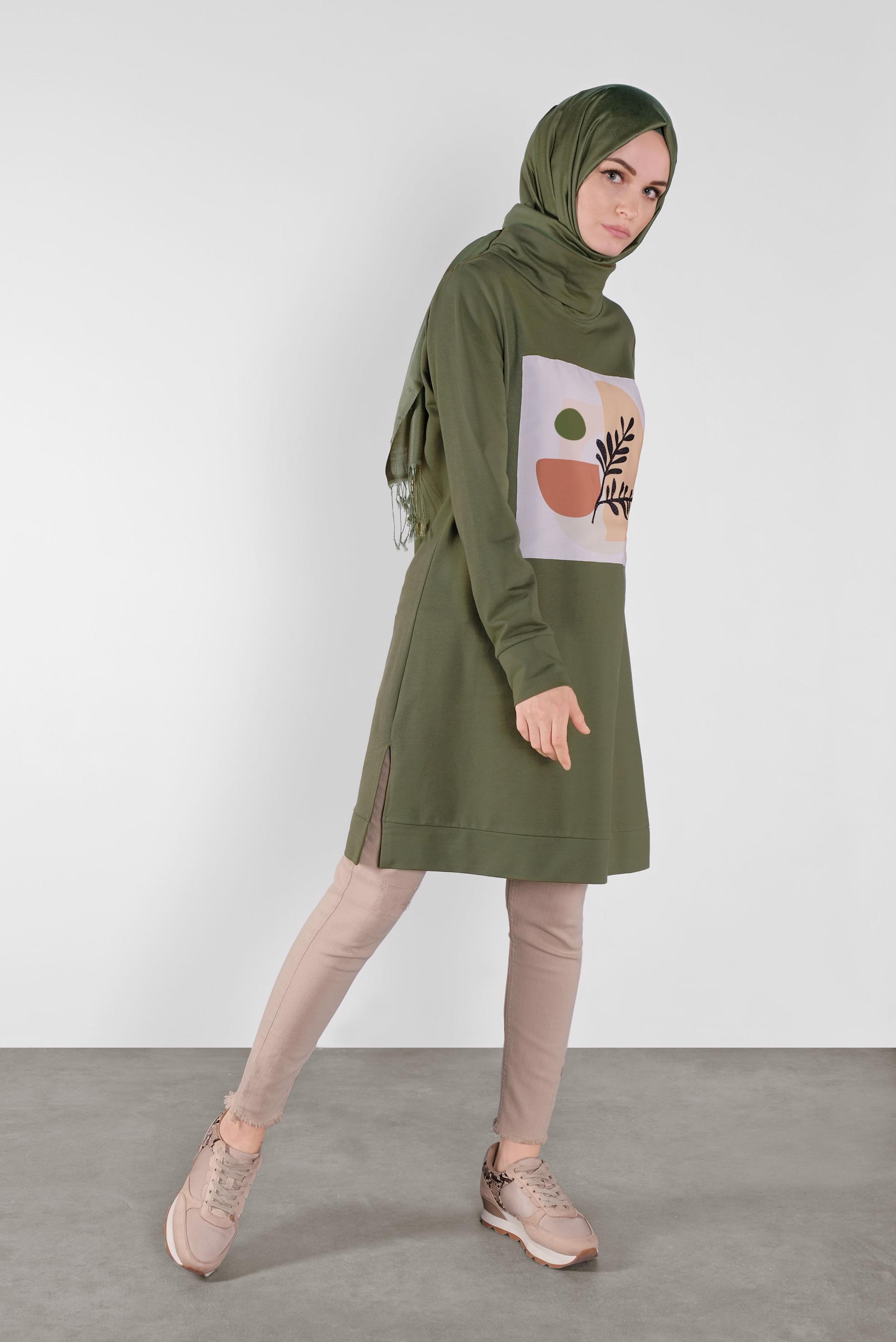 Tesettür giyim HAKİ BASKILI EŞOFMAN TUNİK 41110