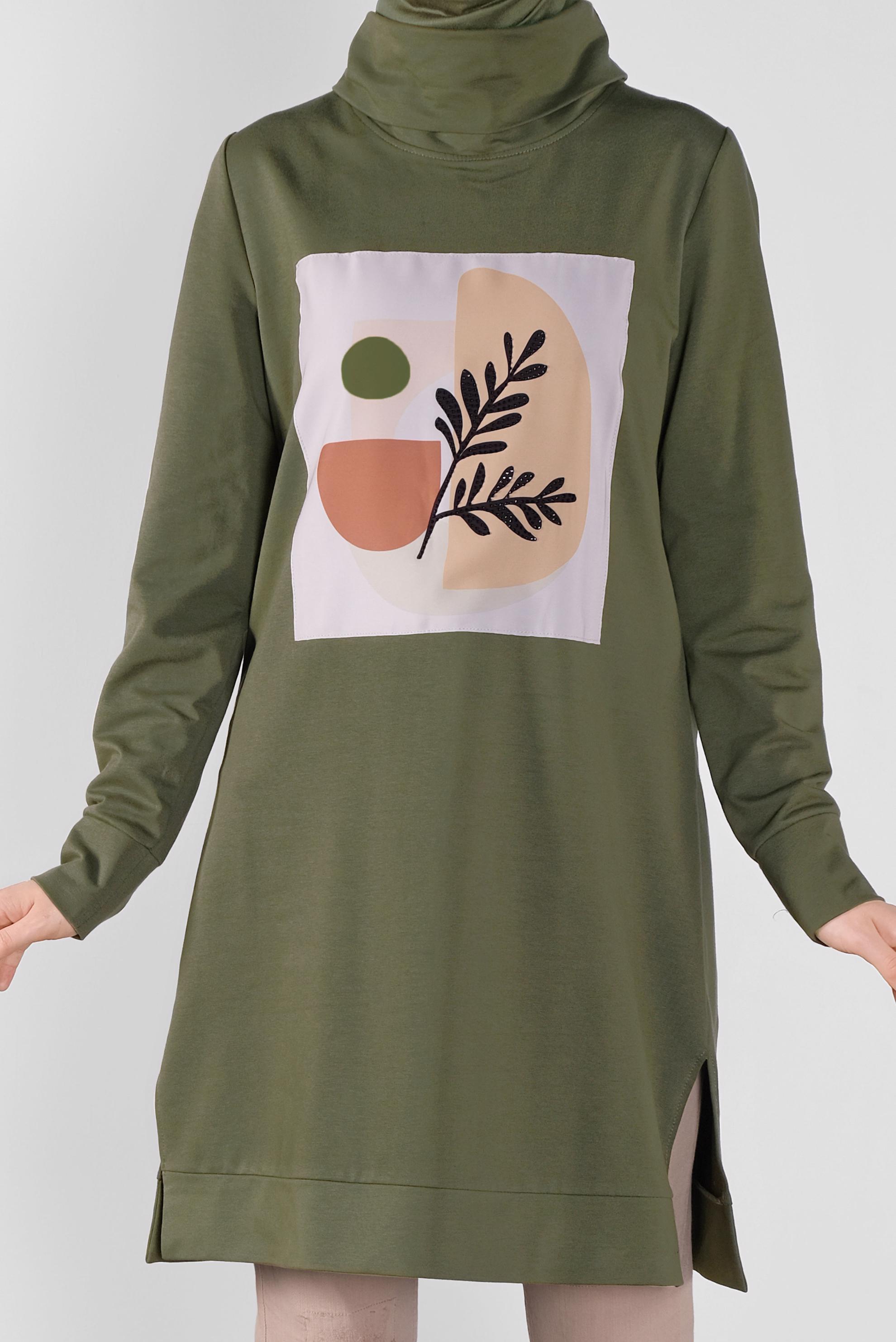 Tesettür giyim HAKİ BASKILI EŞOFMAN TUNİK 41110