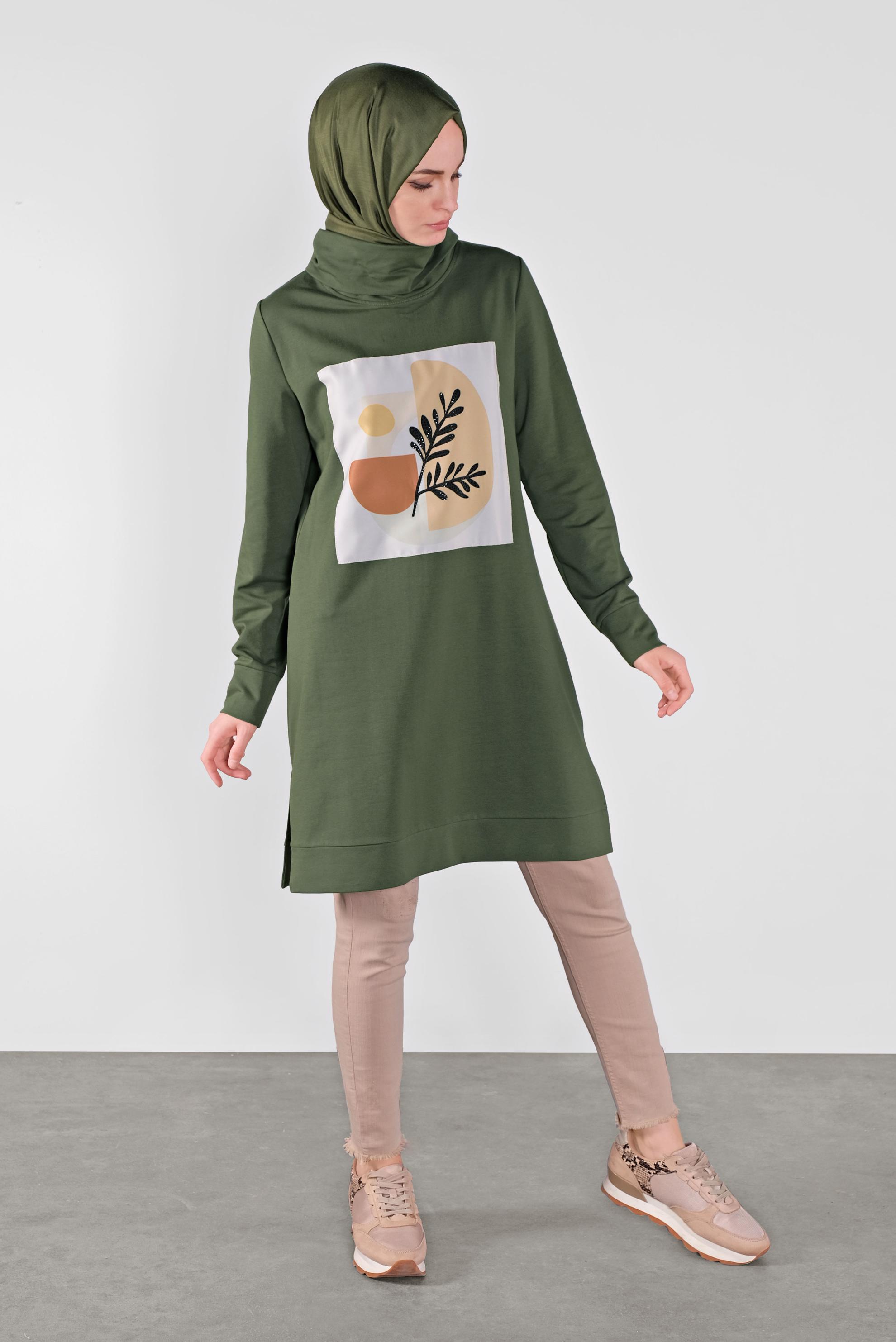 Tesettür giyim HAKİ BASKILI EŞOFMAN TUNİK 41110