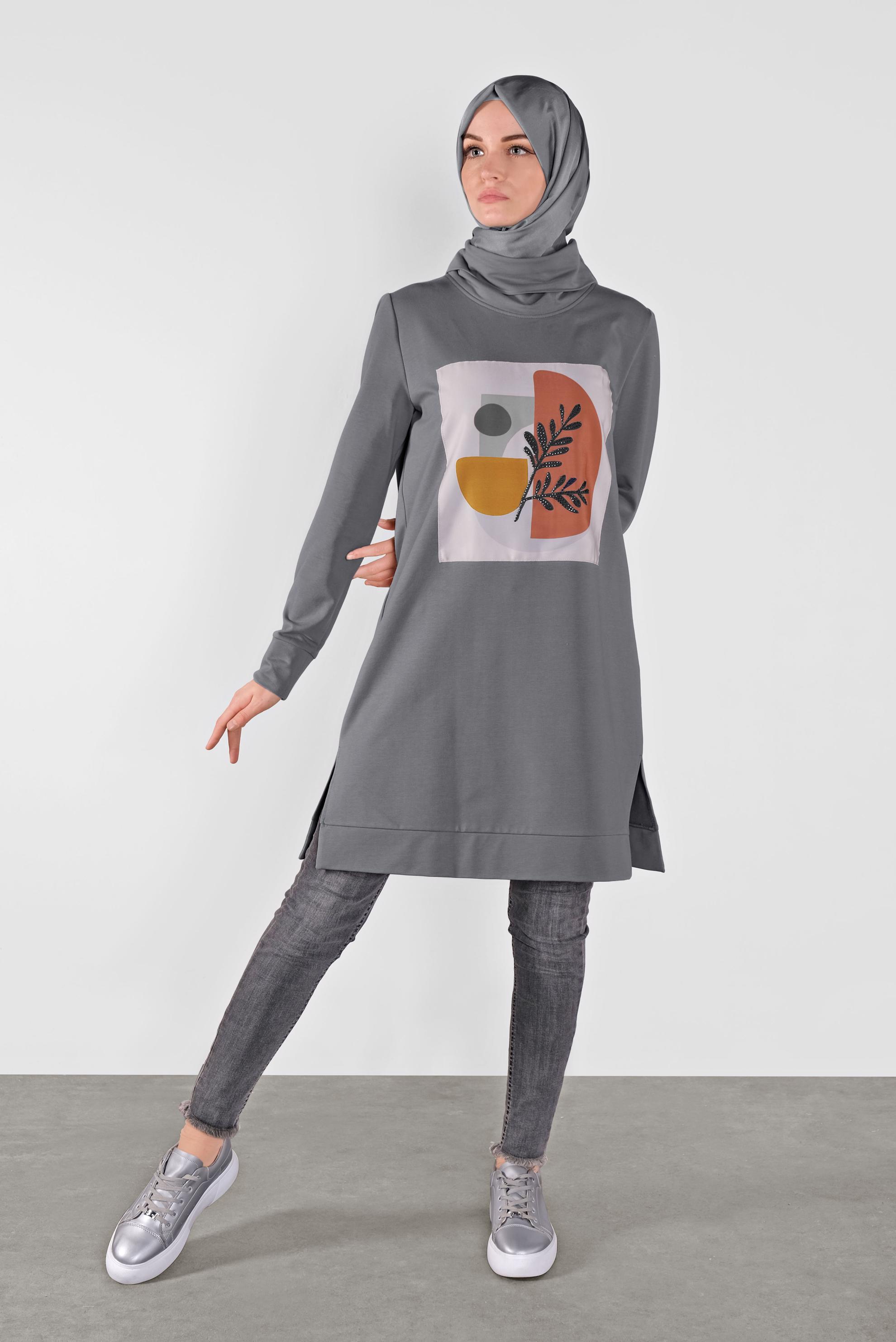Tesettür giyim GRİ BASKILI EŞOFMAN TUNİK 41110