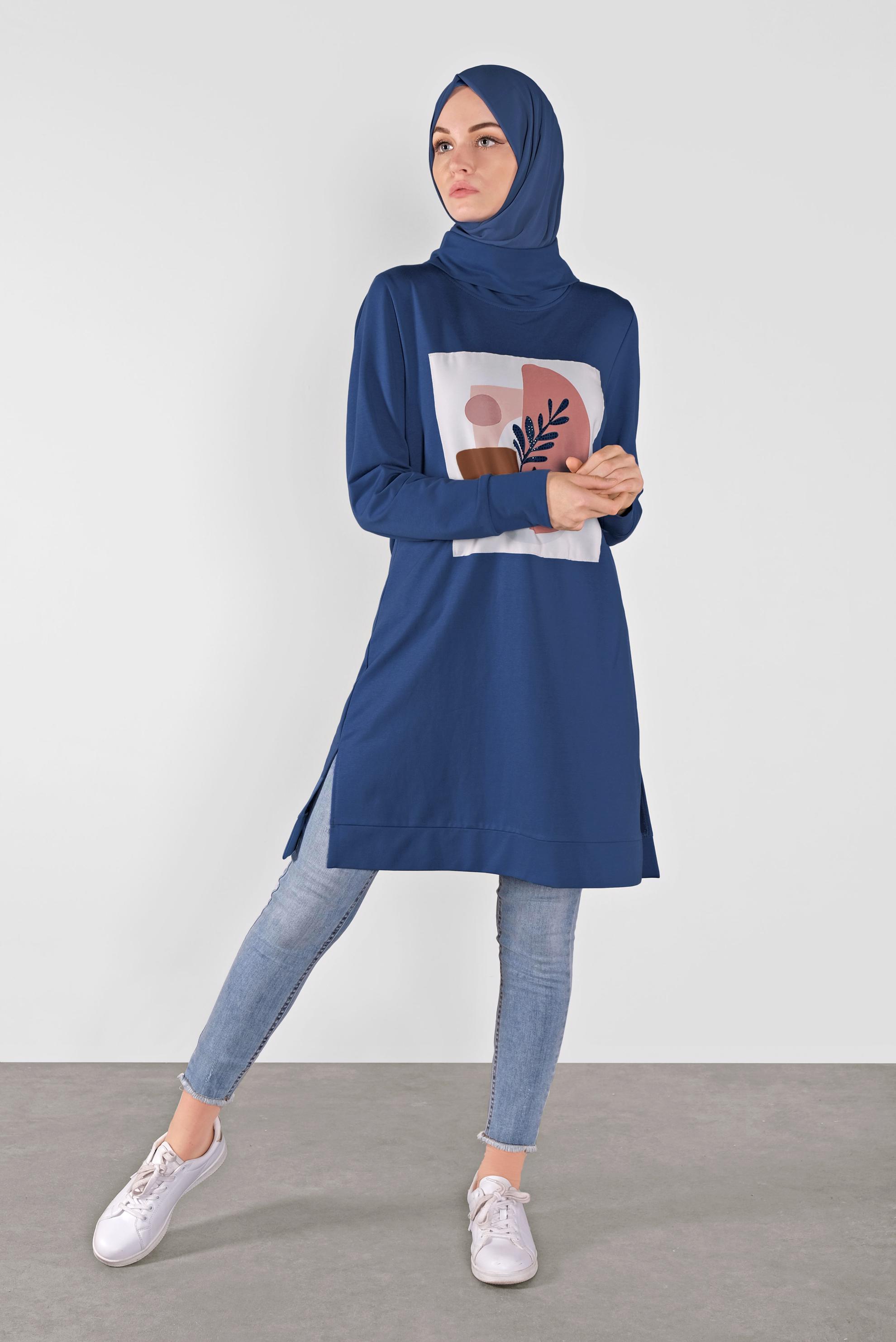 Tesettür giyim LACİVERT BASKILI EŞOFMAN TUNİK 41110