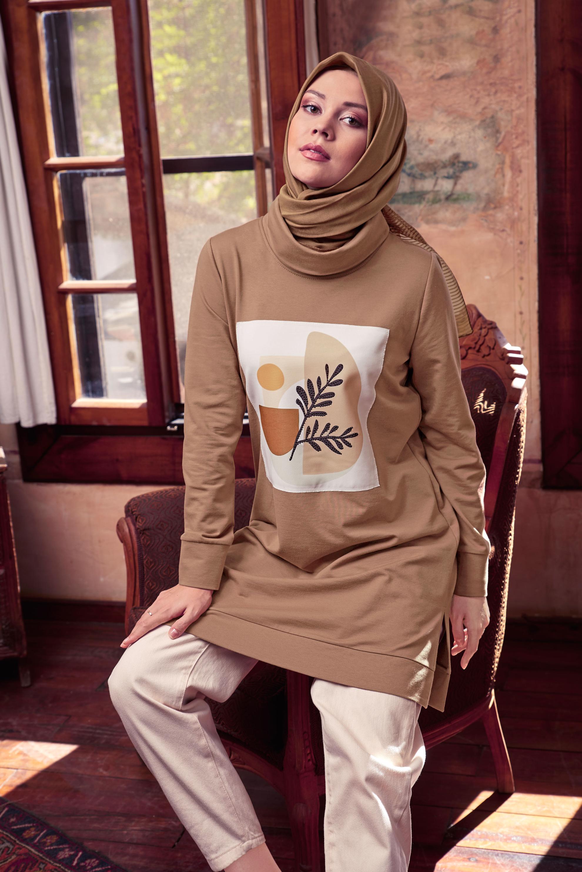 Tesettür giyim KAHVE BASKILI EŞOFMAN TUNİK 41110