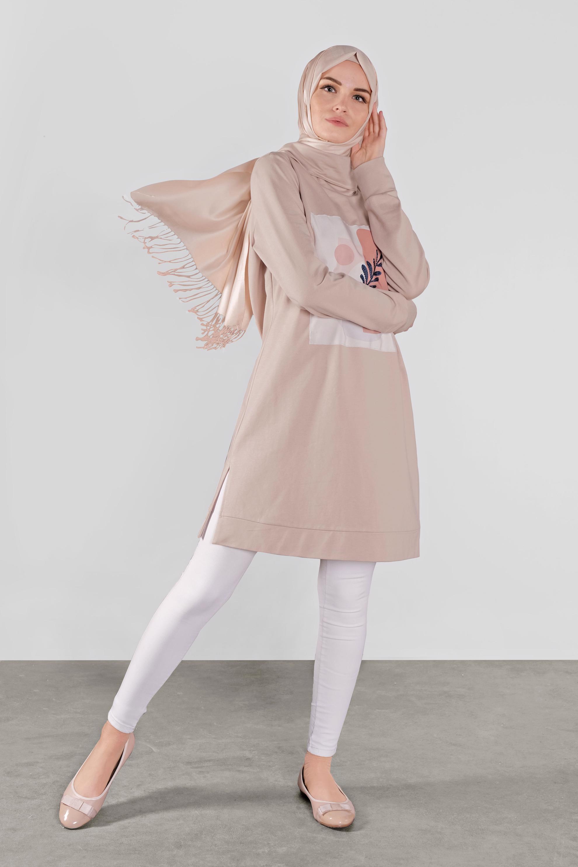 Tesettür giyim PUDRA BASKILI EŞOFMAN TUNİK 41110