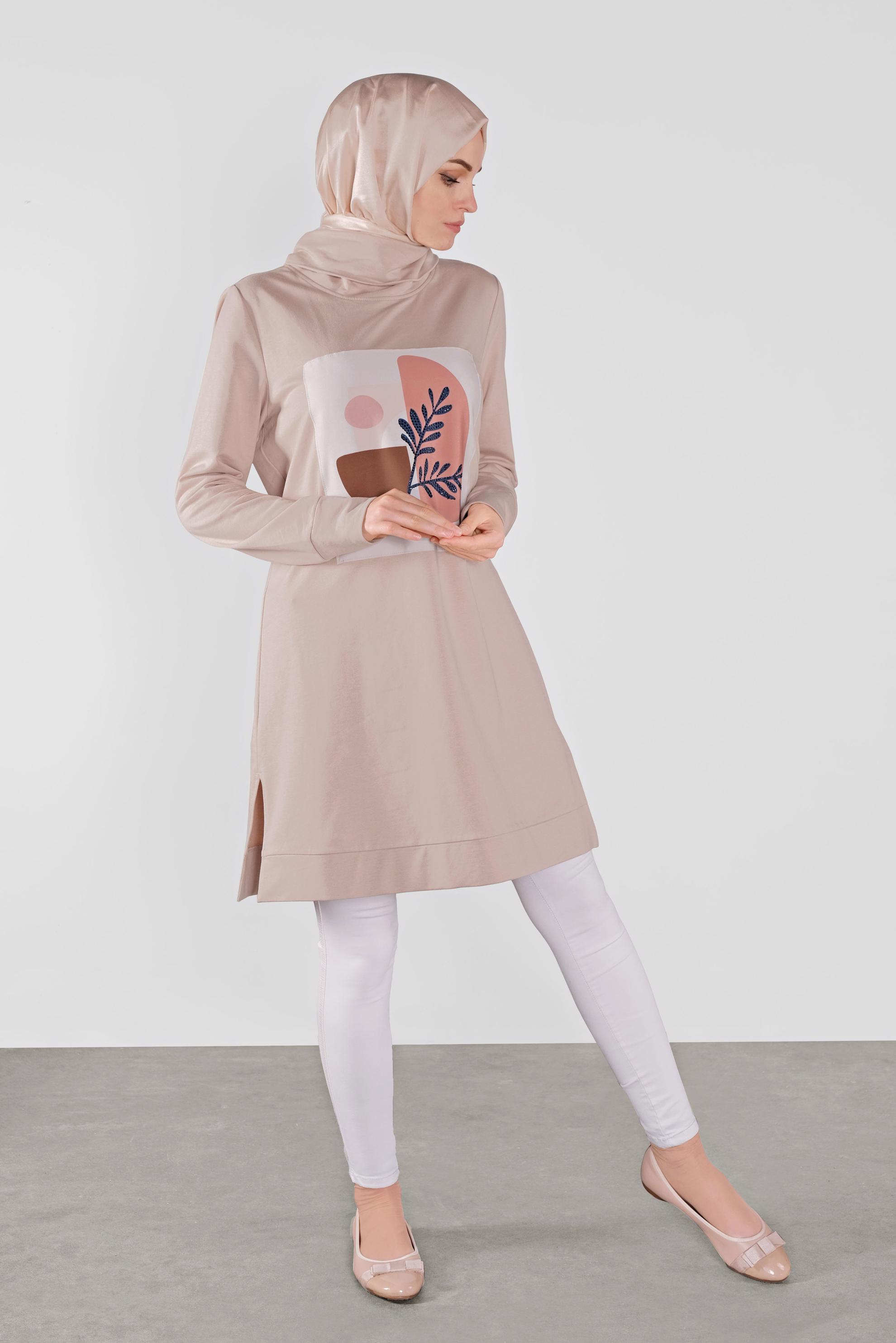Tesettür giyim PUDRA BASKILI EŞOFMAN TUNİK 41110