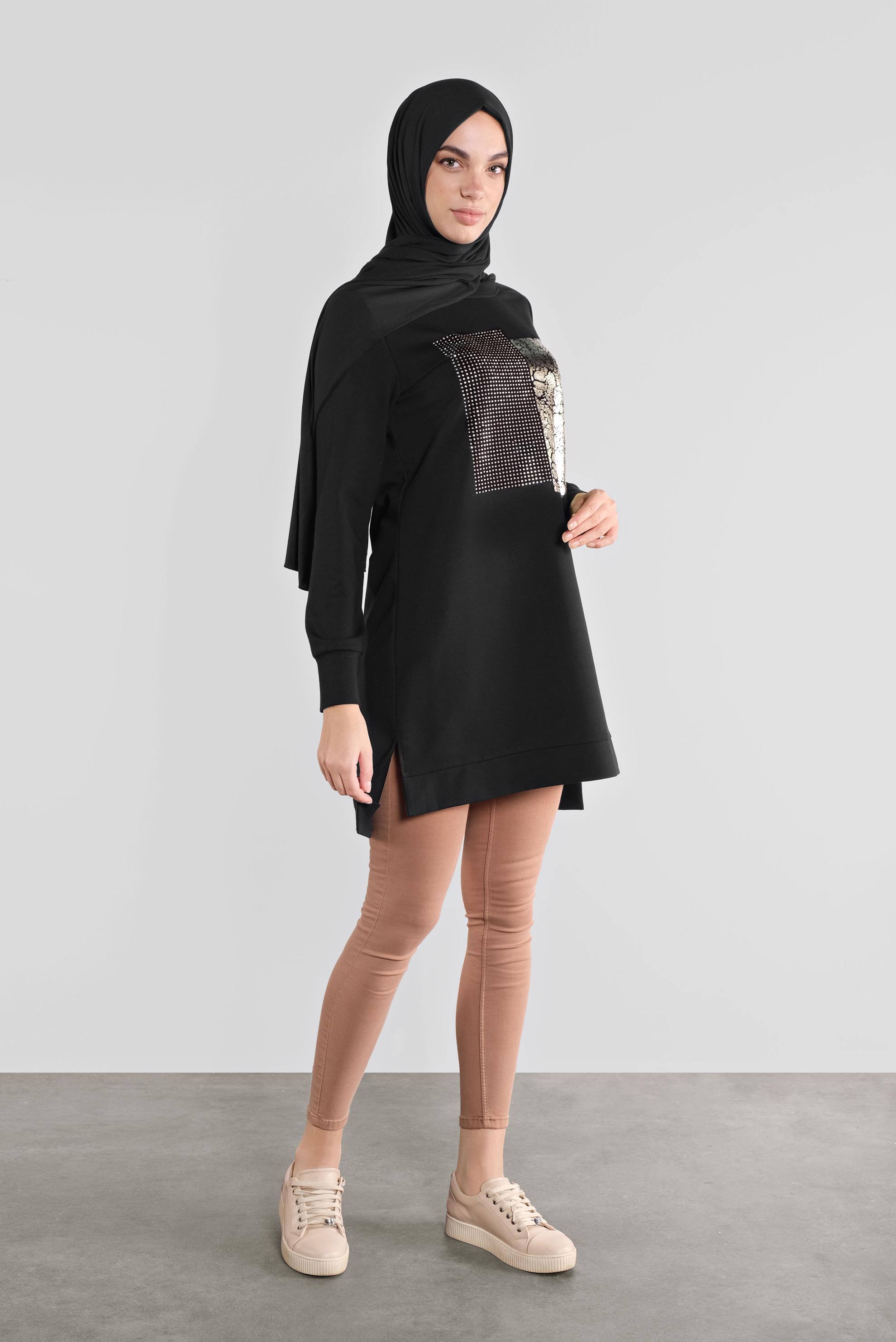 Tesettür giyim SİYAH PAMUKLU TAŞ BASKILI EŞOFMAN TUNİK 41111 