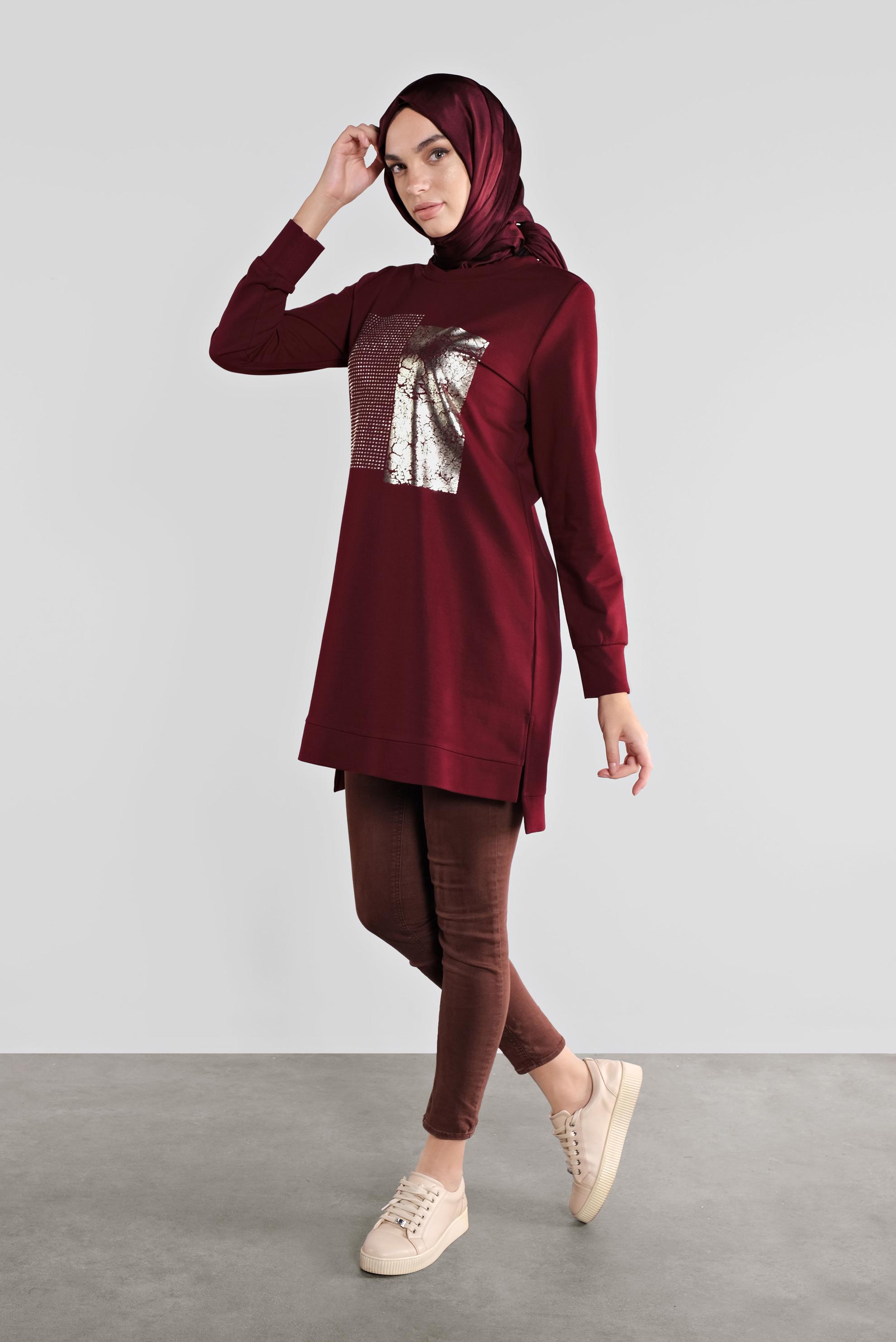 Tesettür giyim BORDO PAMUKLU TAŞ BASKILI EŞOFMAN TUNİK 41111 