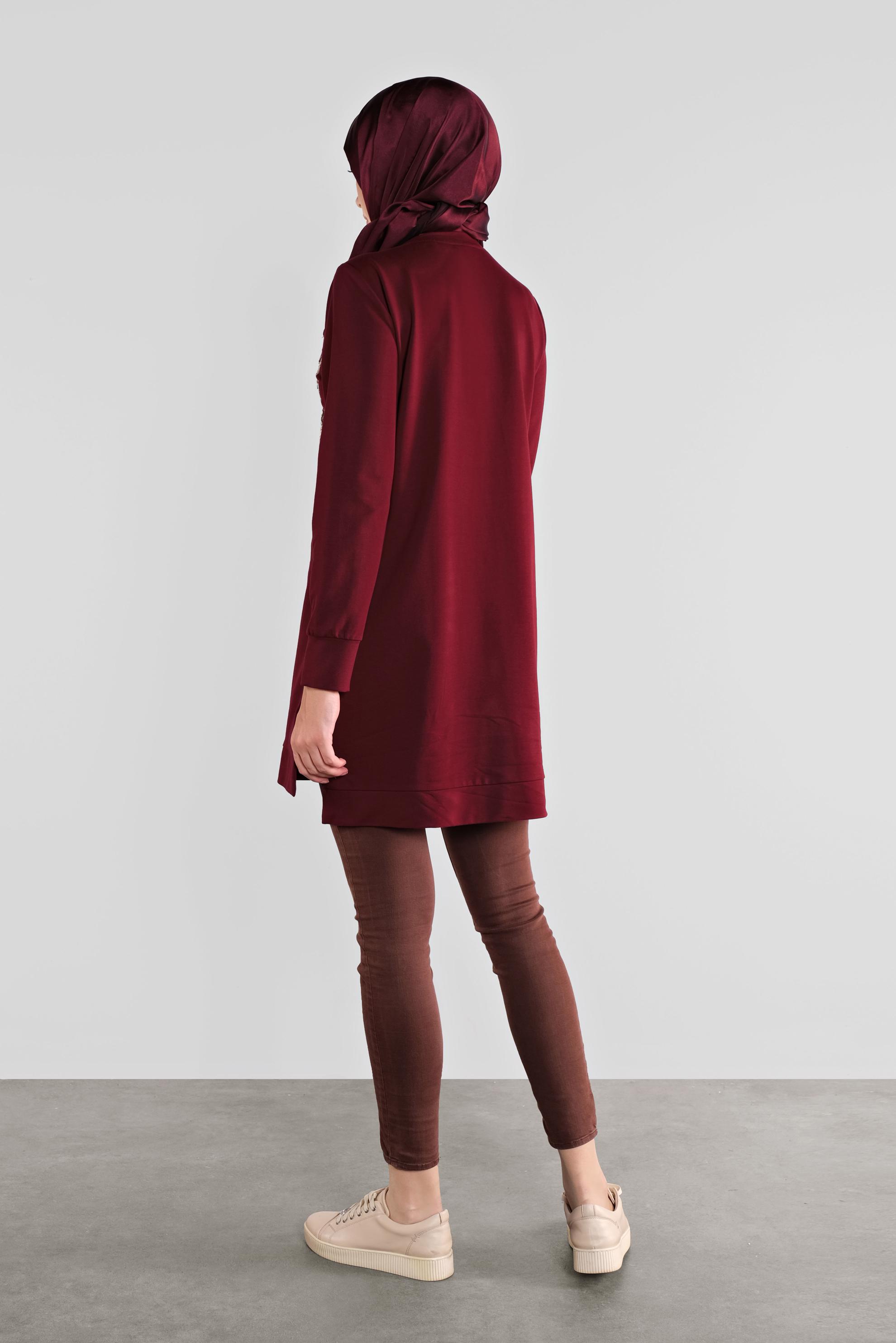 Tesettür giyim BORDO PAMUKLU TAŞ BASKILI EŞOFMAN TUNİK 41111 