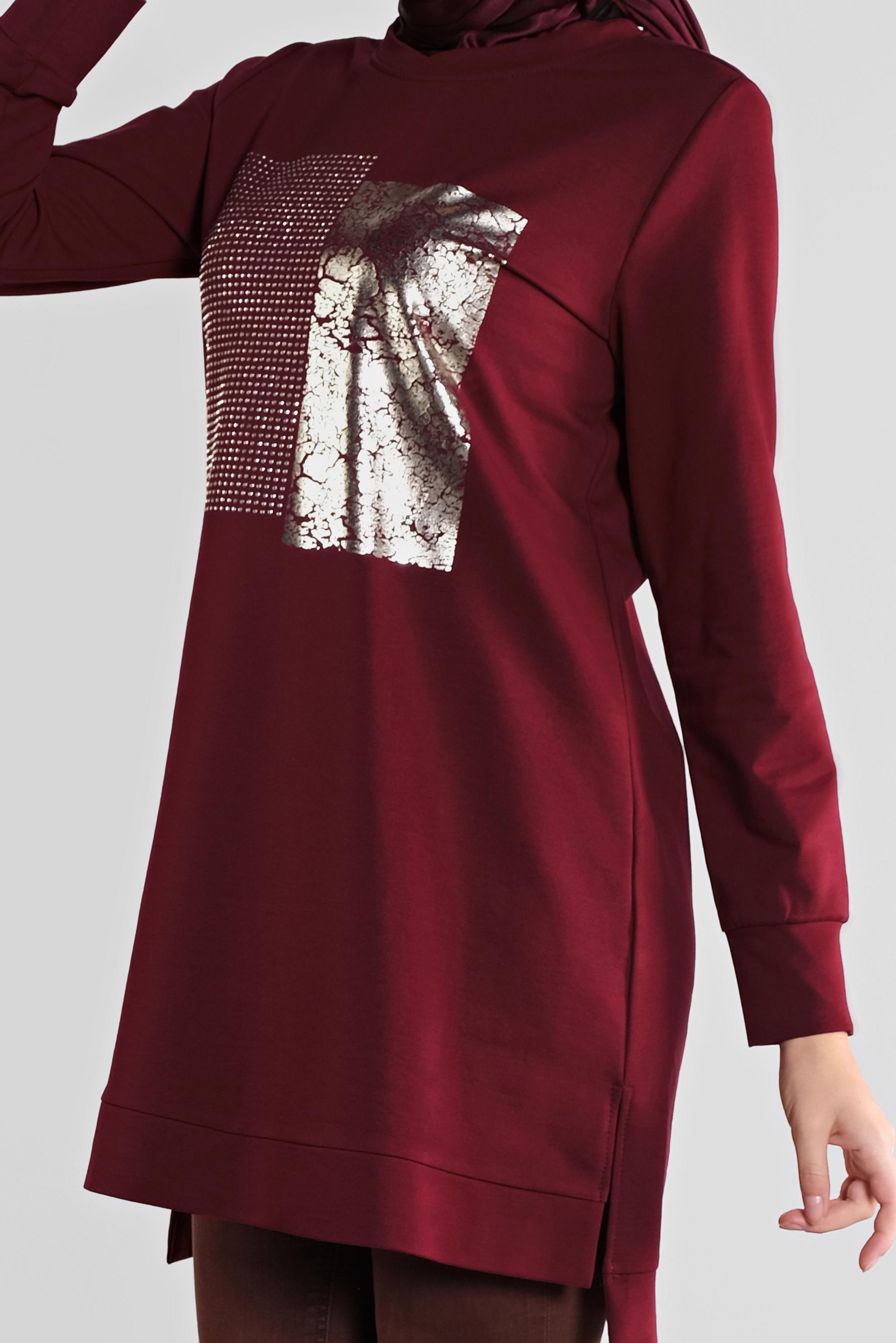 Tesettür giyim BORDO PAMUKLU TAŞ BASKILI EŞOFMAN TUNİK 41111 