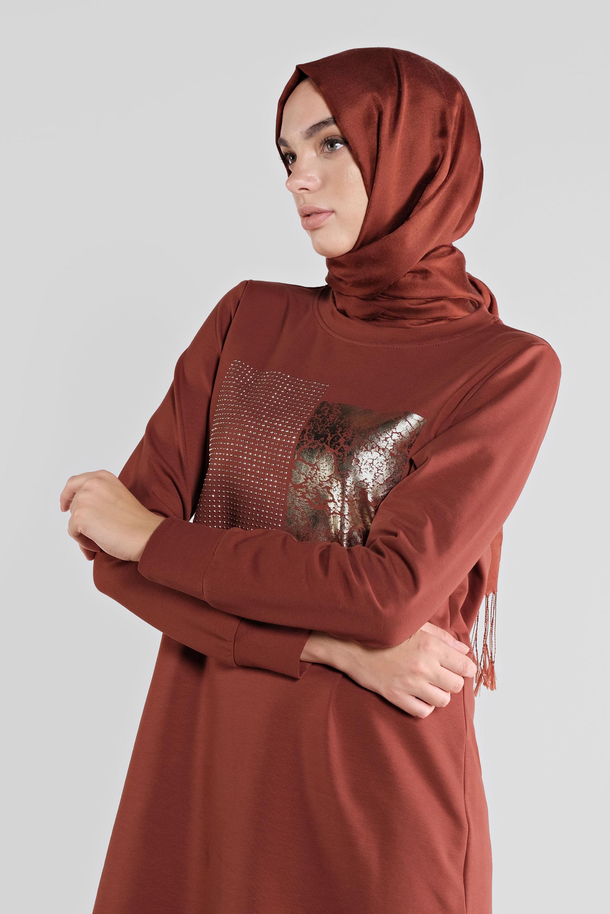 Tesettür giyim TURUNCU PAMUKLU TAŞ BASKILI EŞOFMAN TUNİK 41111 