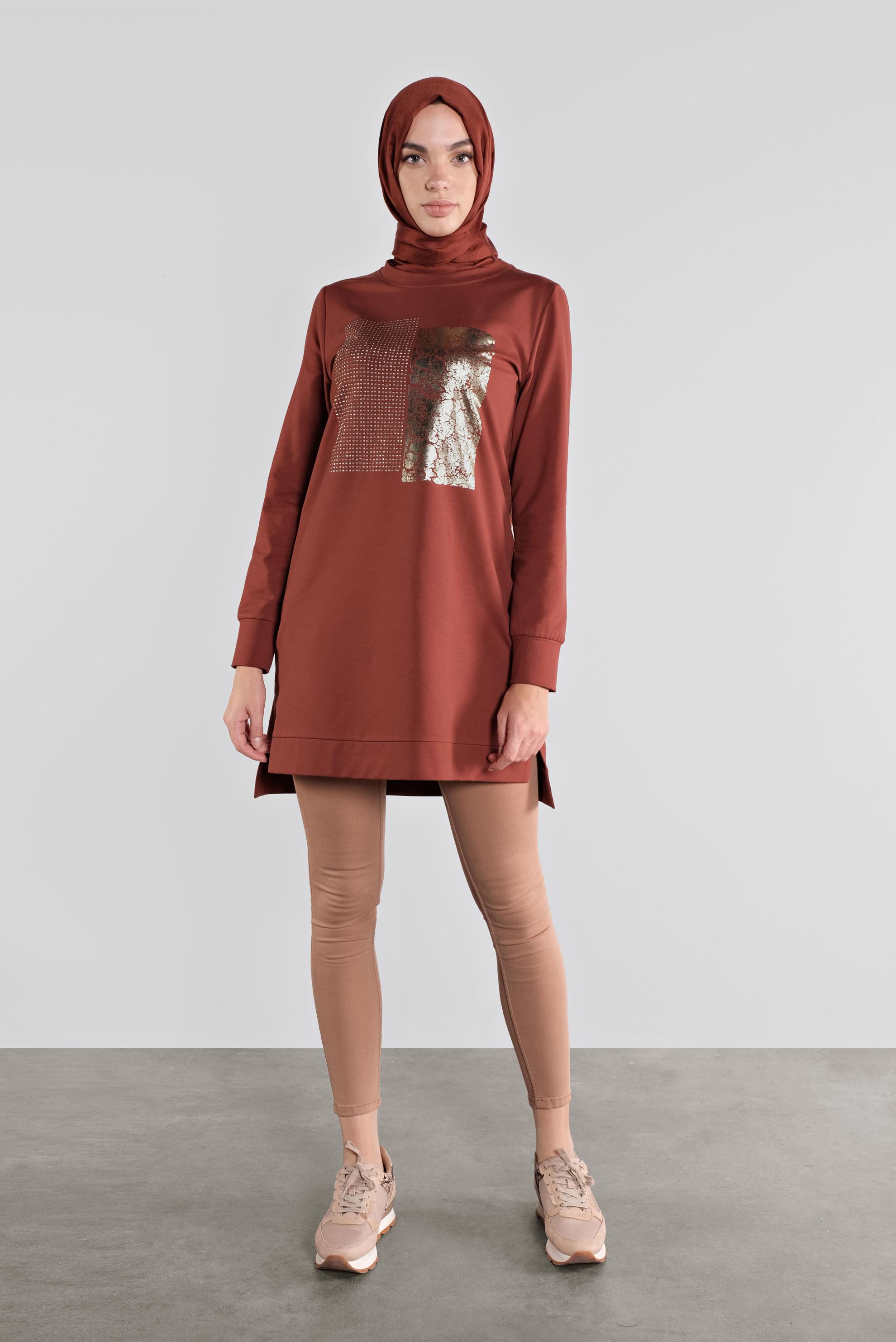 Tesettür giyim TURUNCU PAMUKLU TAŞ BASKILI EŞOFMAN TUNİK 41111 