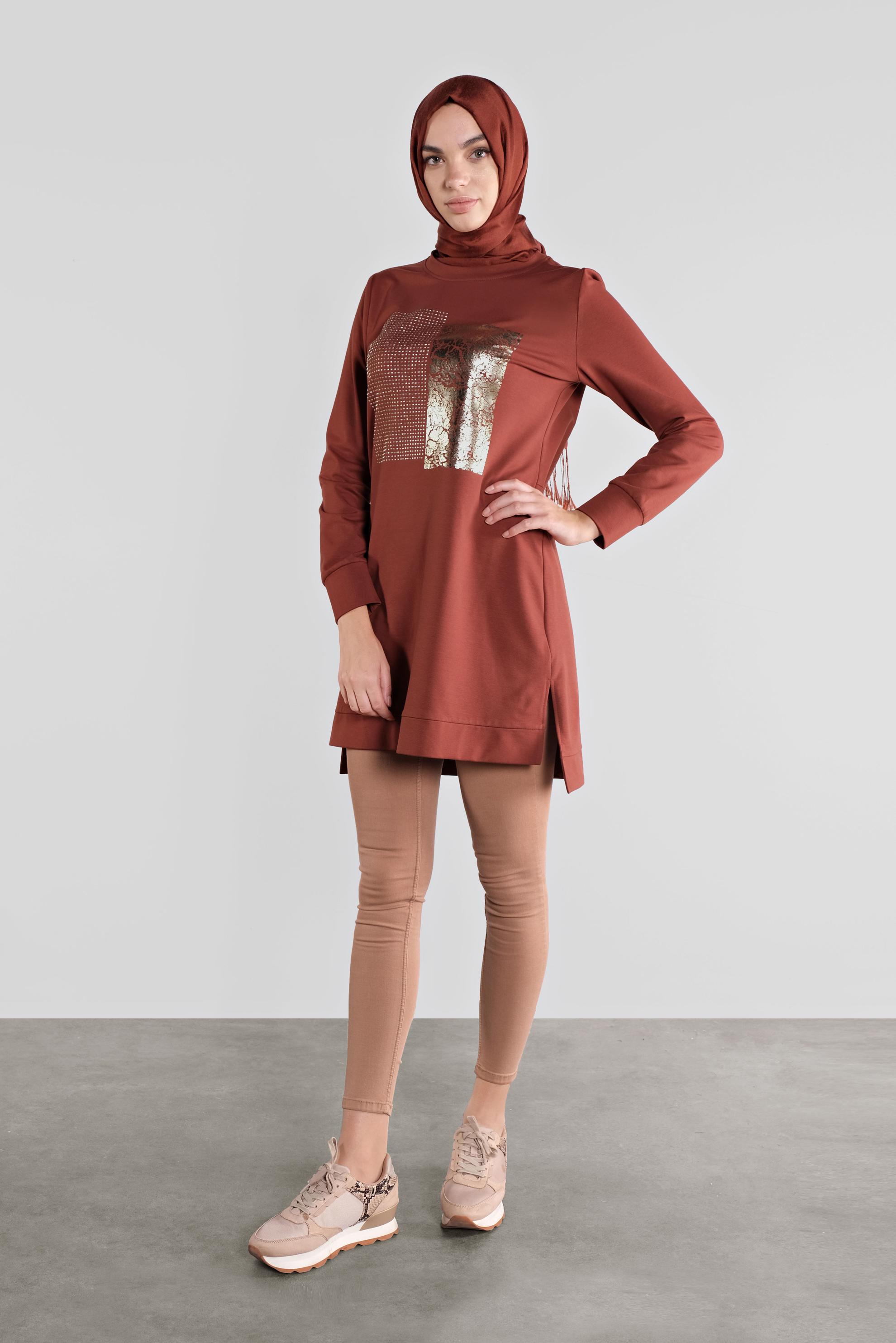 Tesettür giyim TURUNCU PAMUKLU TAŞ BASKILI EŞOFMAN TUNİK 41111 