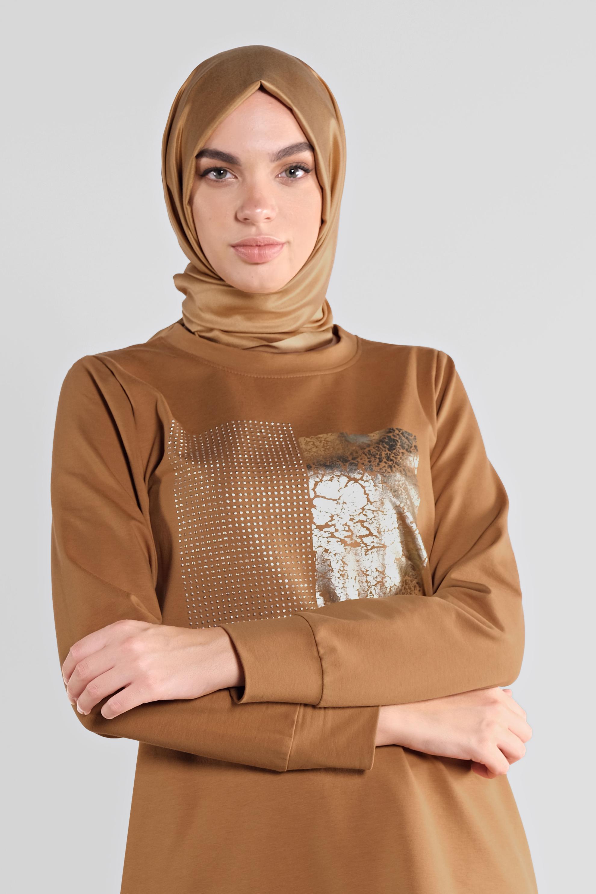 Tesettür giyim SARI PAMUKLU TAŞ BASKILI EŞOFMAN TUNİK 41111 