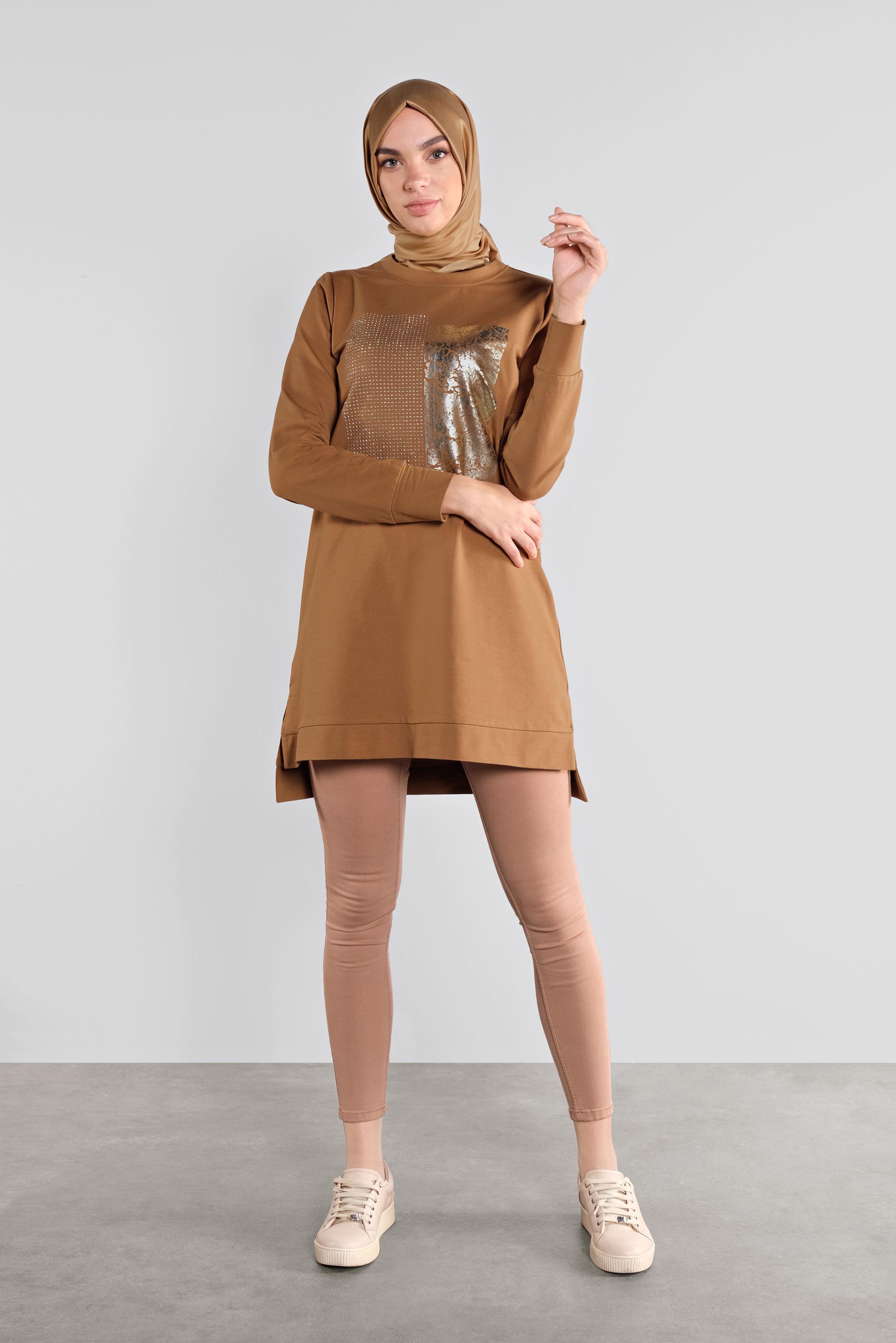 Tesettür giyim SARI PAMUKLU TAŞ BASKILI EŞOFMAN TUNİK 41111 