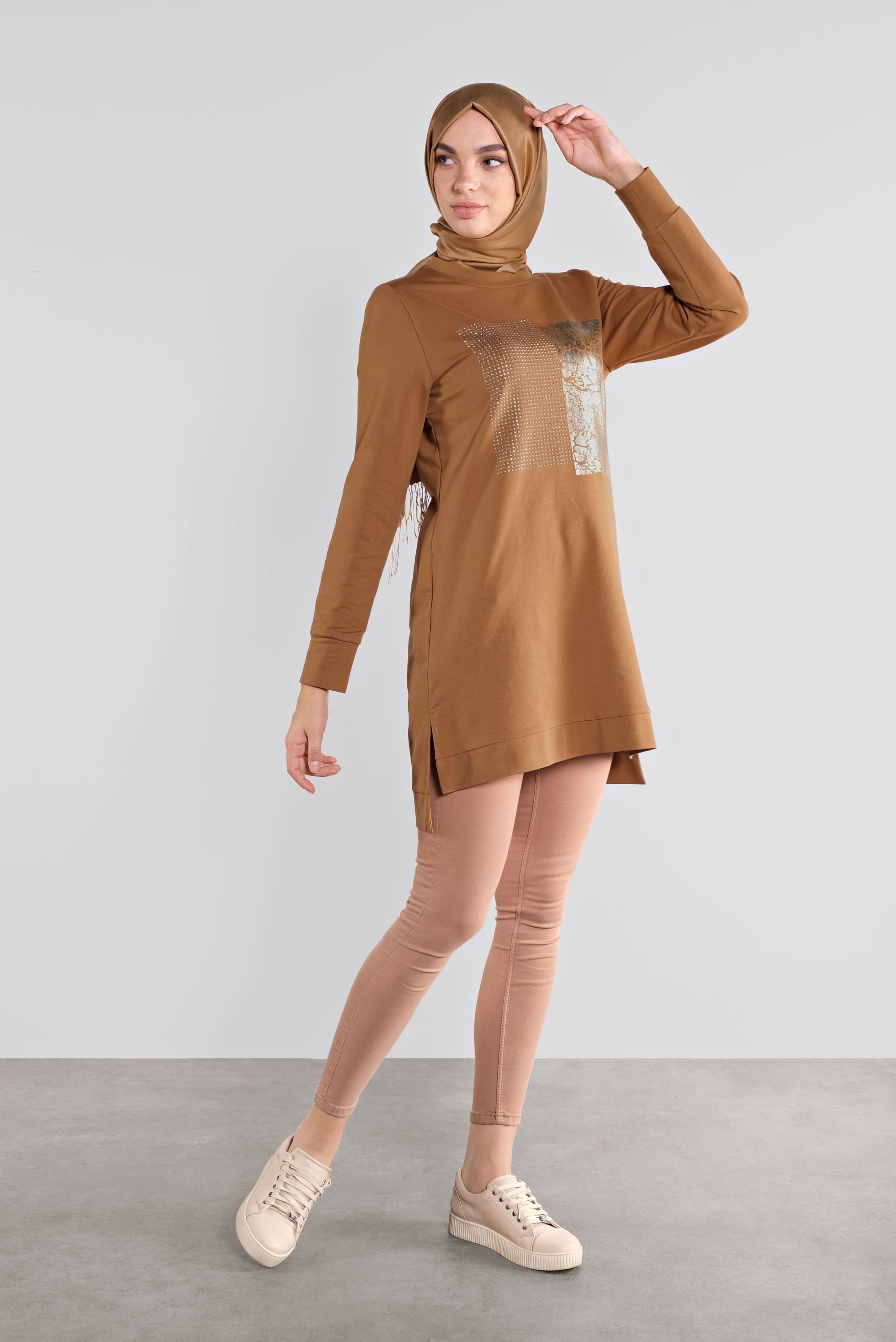 Tesettür giyim SARI PAMUKLU TAŞ BASKILI EŞOFMAN TUNİK 41111 