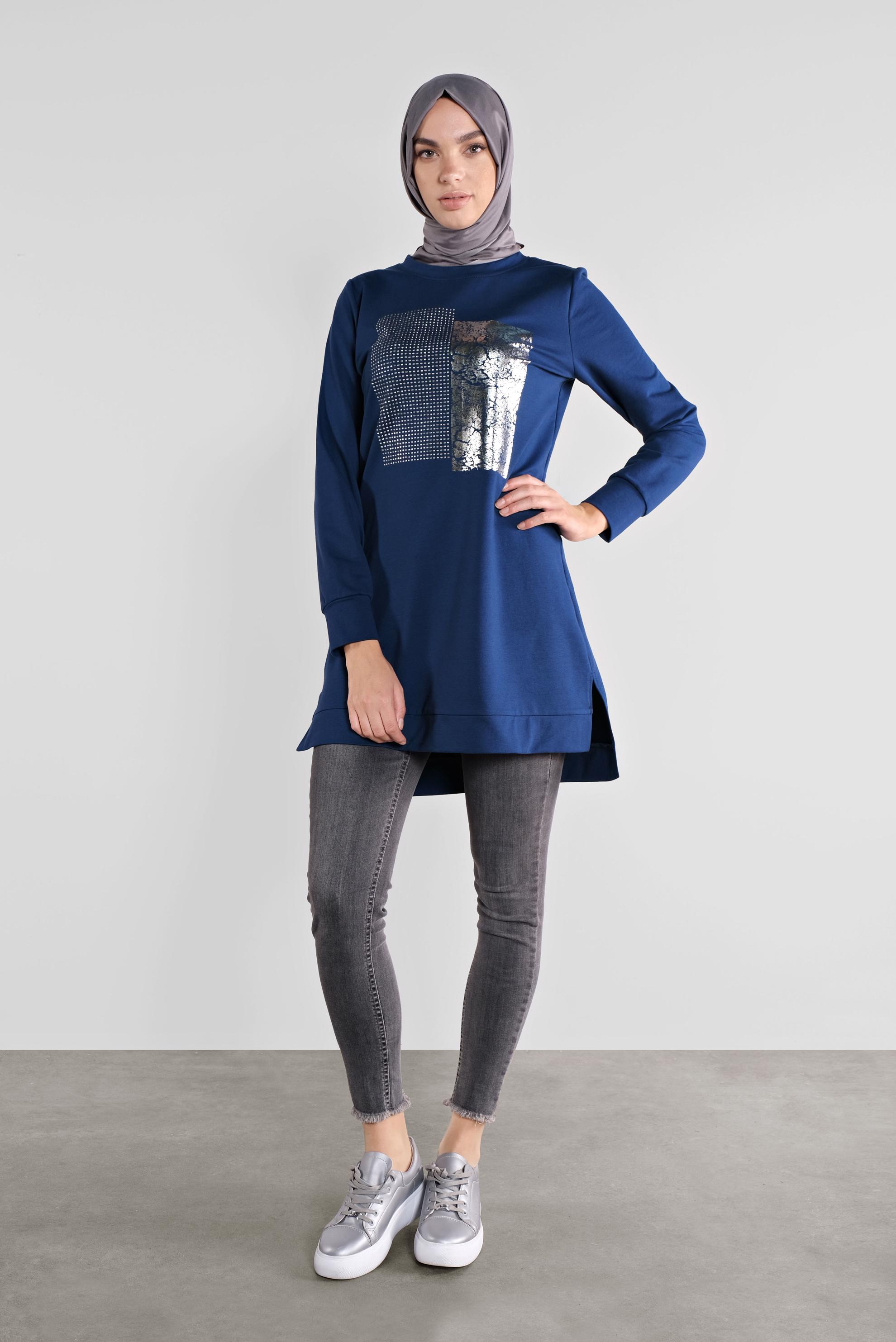 Tesettür giyim LACİVERT PAMUKLU TAŞ BASKILI EŞOFMAN TUNİK 41111 