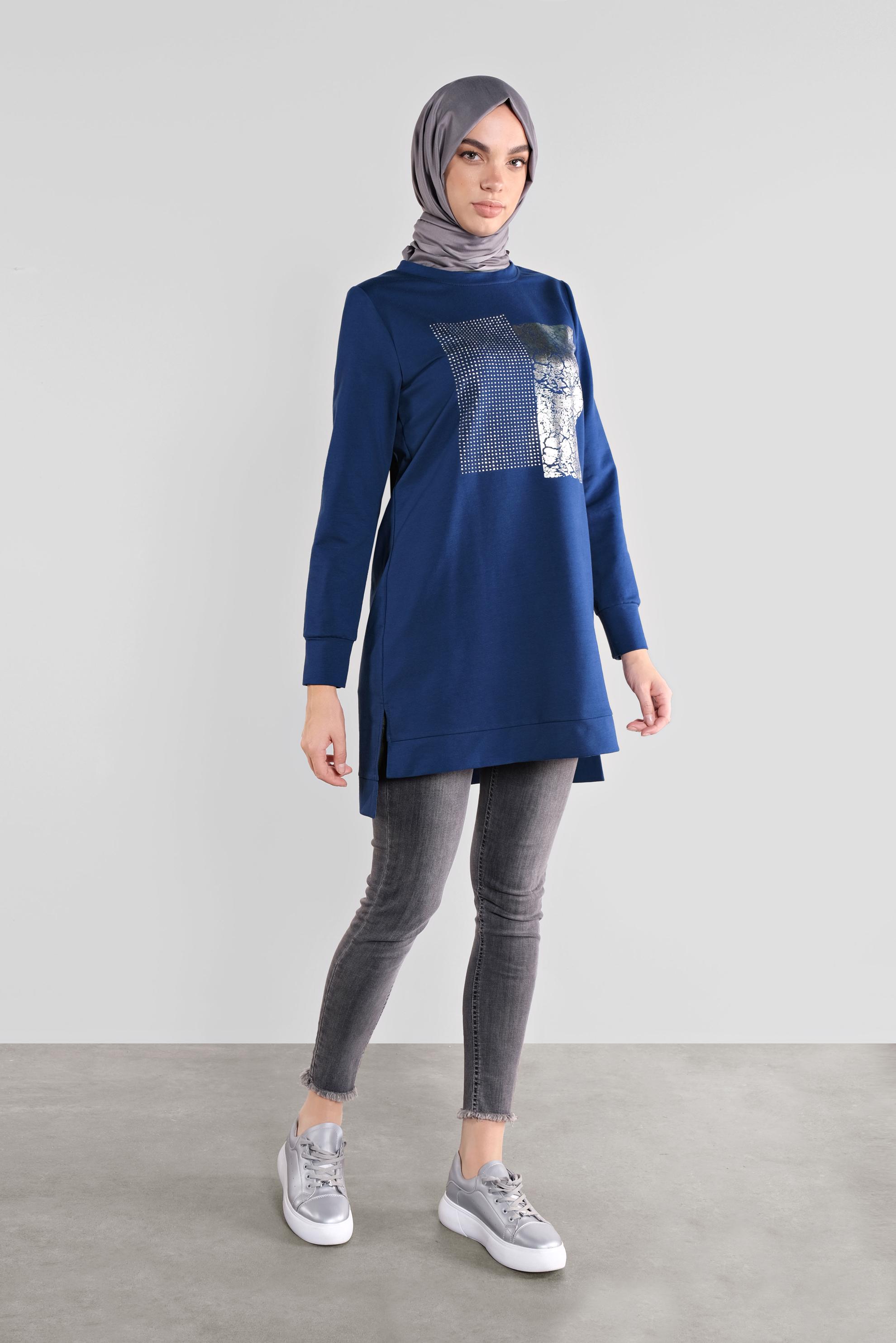 Tesettür giyim LACİVERT PAMUKLU TAŞ BASKILI EŞOFMAN TUNİK 41111 