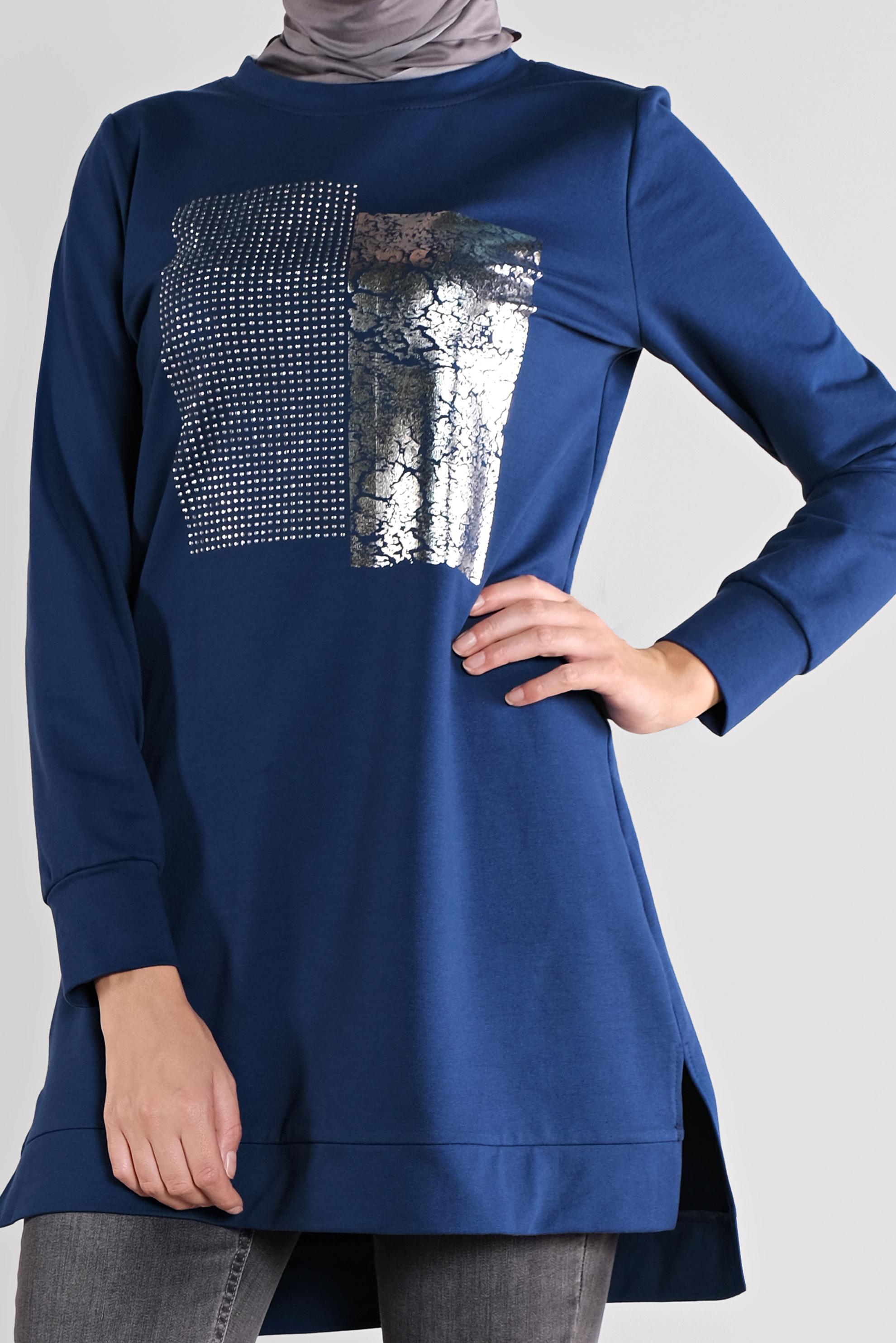 Tesettür giyim LACİVERT PAMUKLU TAŞ BASKILI EŞOFMAN TUNİK 41111 
